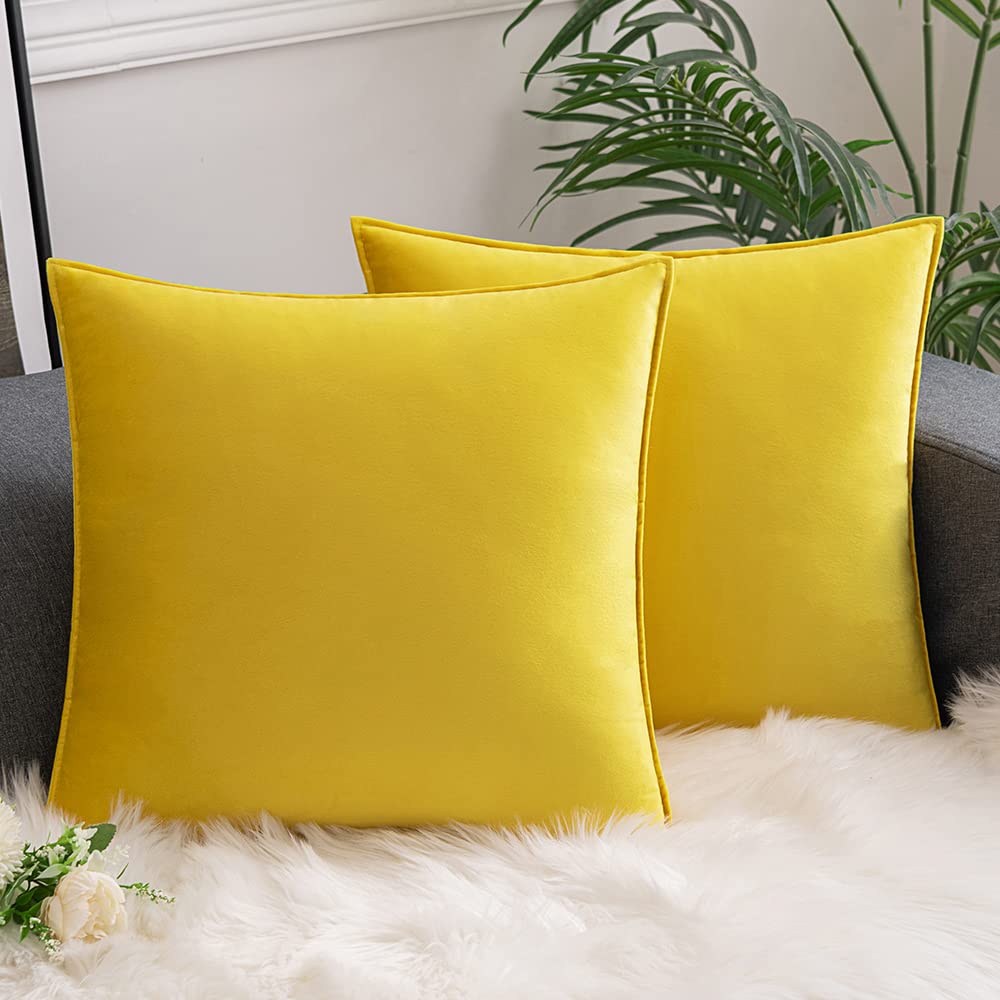 Comvi 18x18 Yellow Velvet Throw Pillows Set of 2 with Flanged Covers & Inserts - Decorative Couch Pillows for Living Room, Bedroom Accent - Soft Luxury Pillow for Sofa, Bed, Dorm, Nursery