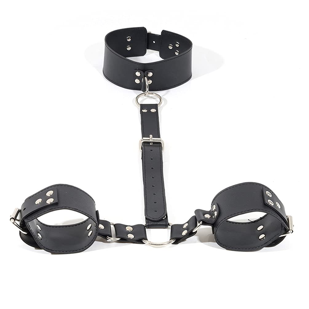 Premium Faux Leather BDSM Collar & Handcuffs Set - Adjustable Restraint Harness Choker with Wristbands for Couples Roleplay, Bondage Sex Games (Perfect for Valentine's Day, Bachelorette Parties & Spicy Bedroom Adventures)