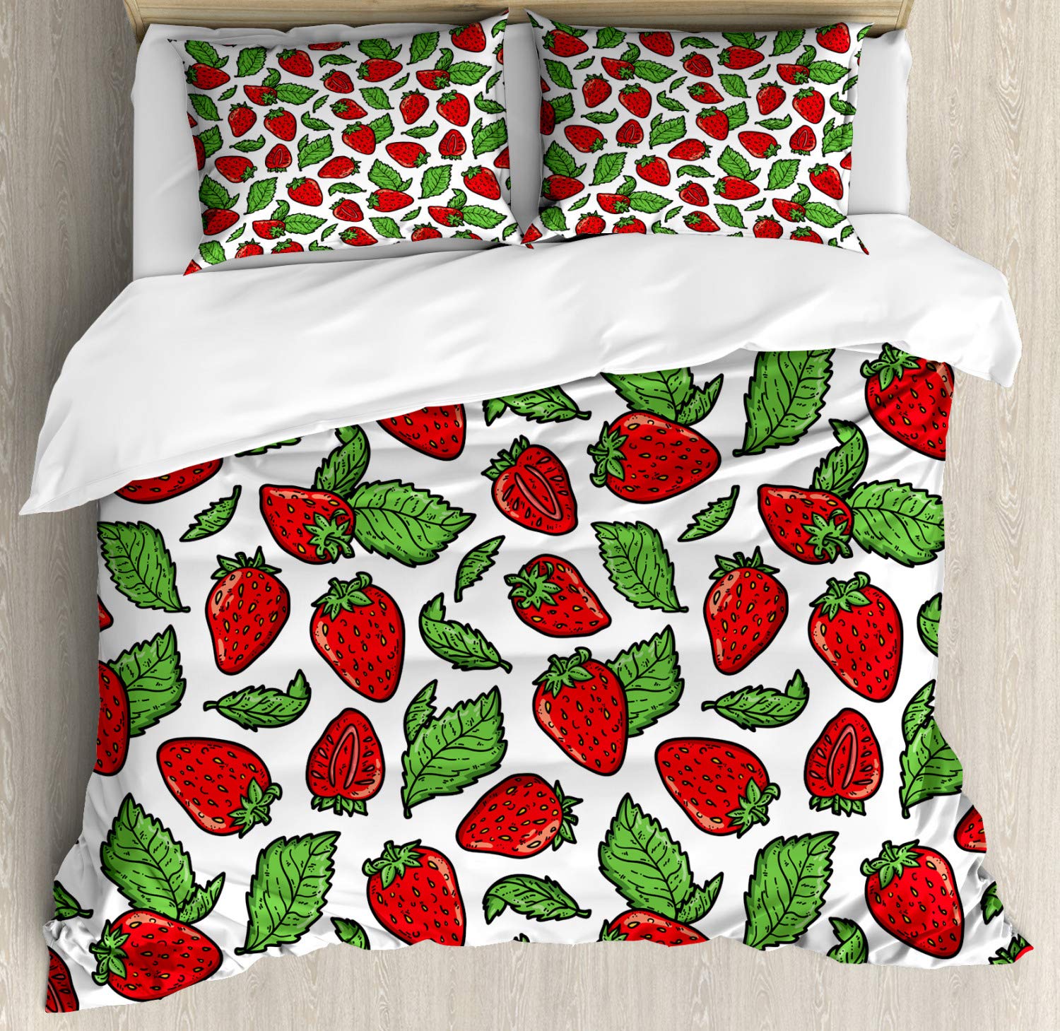 Ambesonne Strawberry Duvet Cover Set - Queen Size 2-Piece Bedding with 2 Pillowcases, Fern Green & Red Juicy Fruit Print - Perfect for Summer Bedroom Decor & Cozy Farmhouse Style