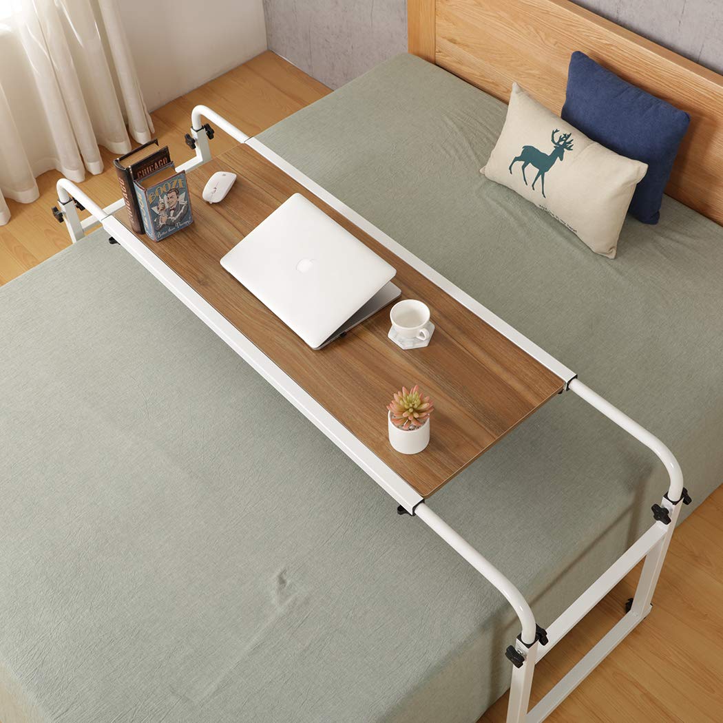 Adjustable Overbed Laptop Desk with Wheels - Rolling Bed Table for King/Queen Size Beds - Portable Workstation in Ancient Oak Finish - Perfect for Home Office, Hospital Use, and Bedside Computing