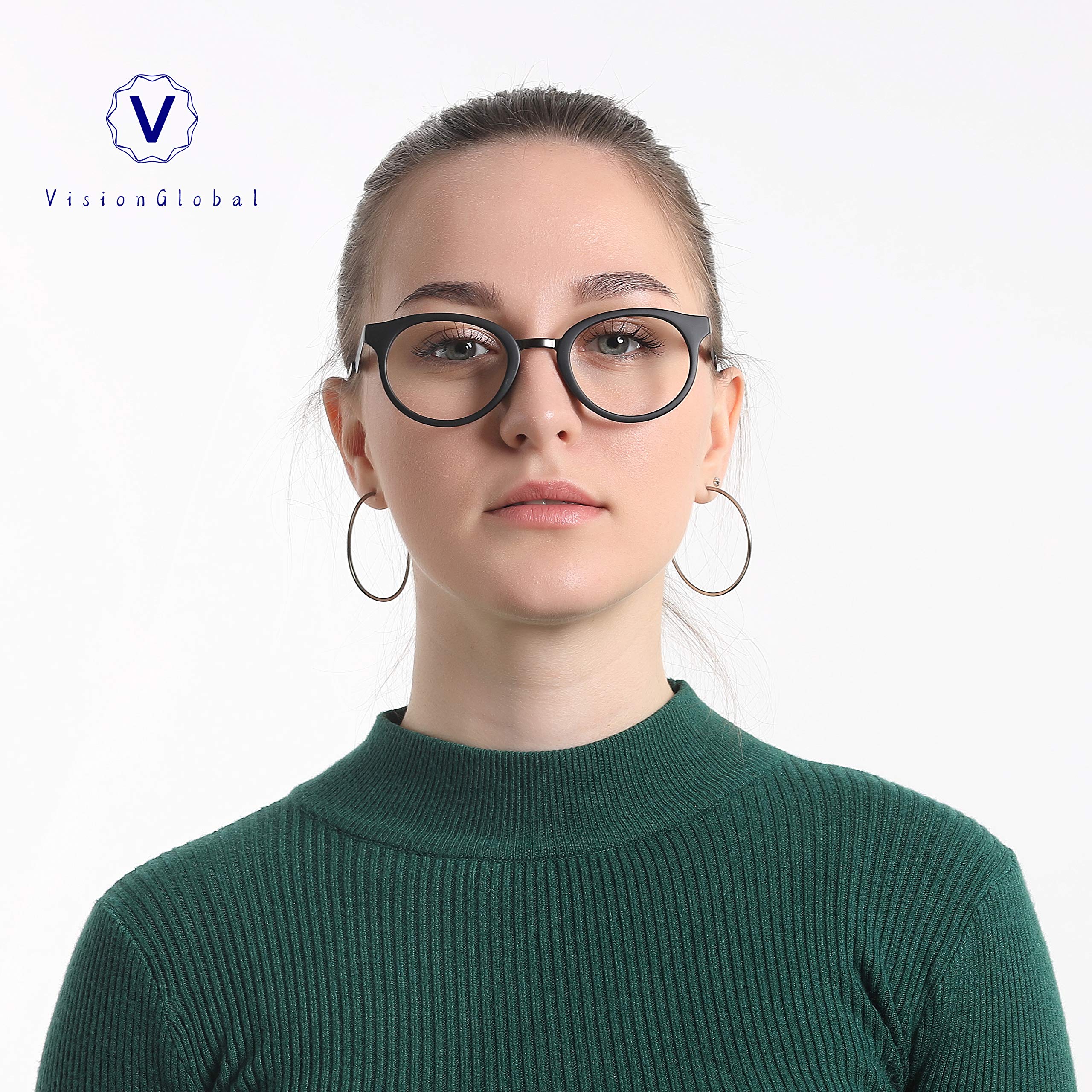 VisionGlobal Blue Light Blocking Glasses for Women & Men - Anti Eye Strain Computer Glasses with Oval Frame (1.25 Magnification, Black) - Perfect for Office Work, Gaming & Screen Time