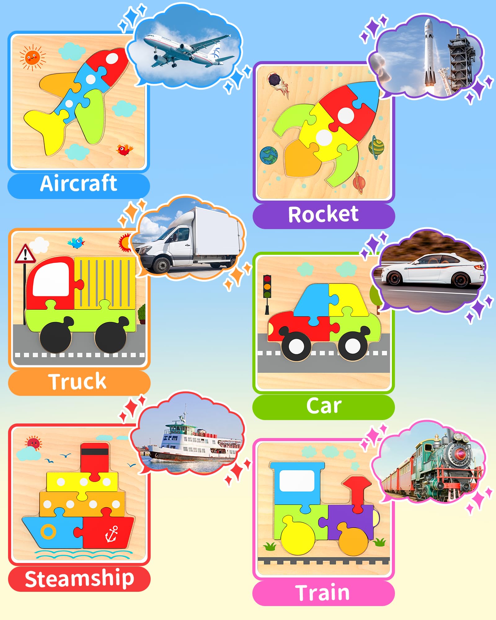Wooden Puzzles for Toddlers Ages 1-3 - 6 Vehicle Shape Educational Learning Toys for Boys & Girls - Montessori Sensory Toys for 1 2 3 Year Olds - Perfect Birthday Gift for Kids 2-4 Years Old - Great for Early Childhood Development & Montessori Classroom Activities