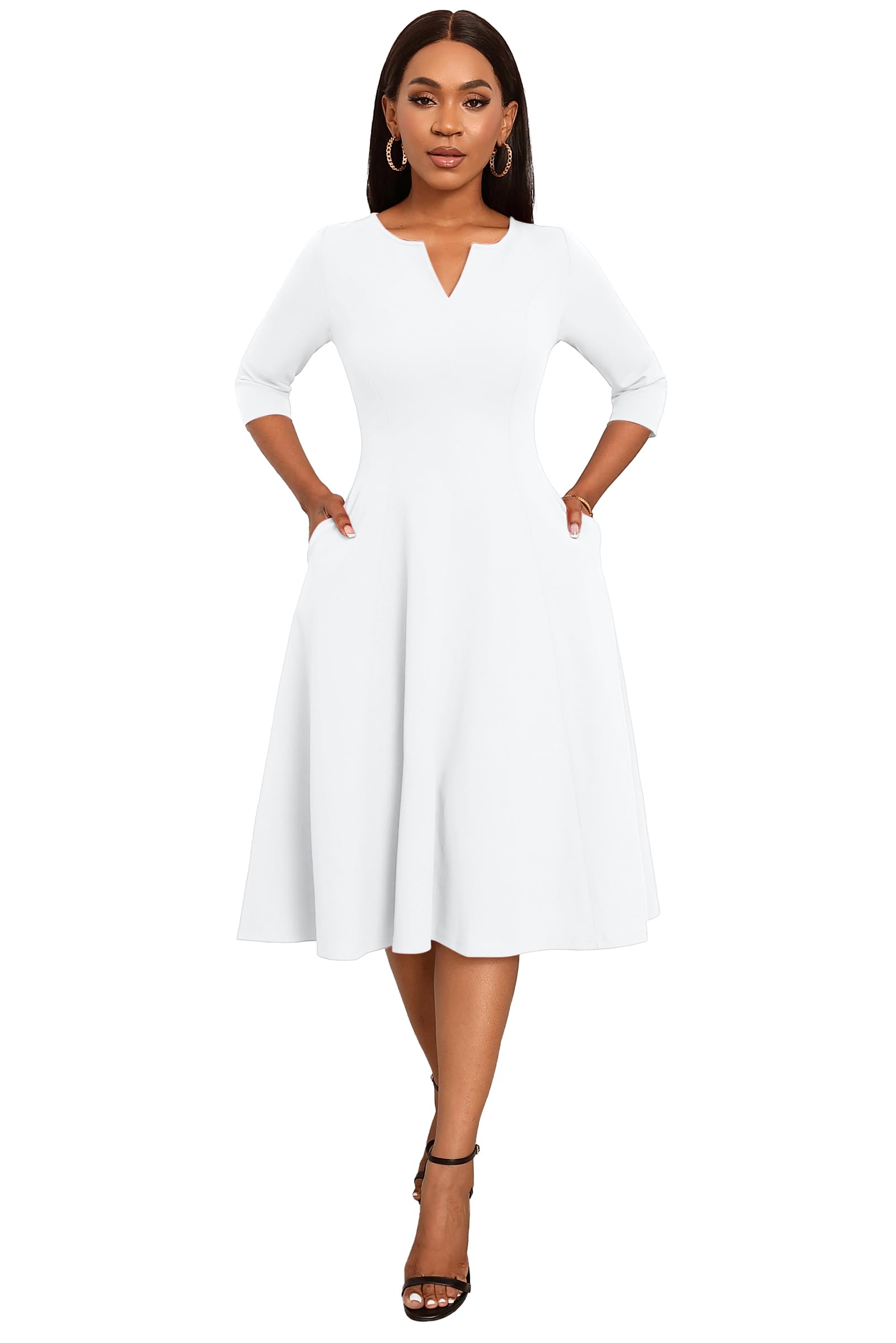 Stylish Nmoder Midi Dresses for Women - A-Line Fit & Flare Cocktail Dress with 3/4 Sleeves & V-Neck | Perfect for Wedding Guest, Office Work & Special Occasions | Features Convenient Pockets