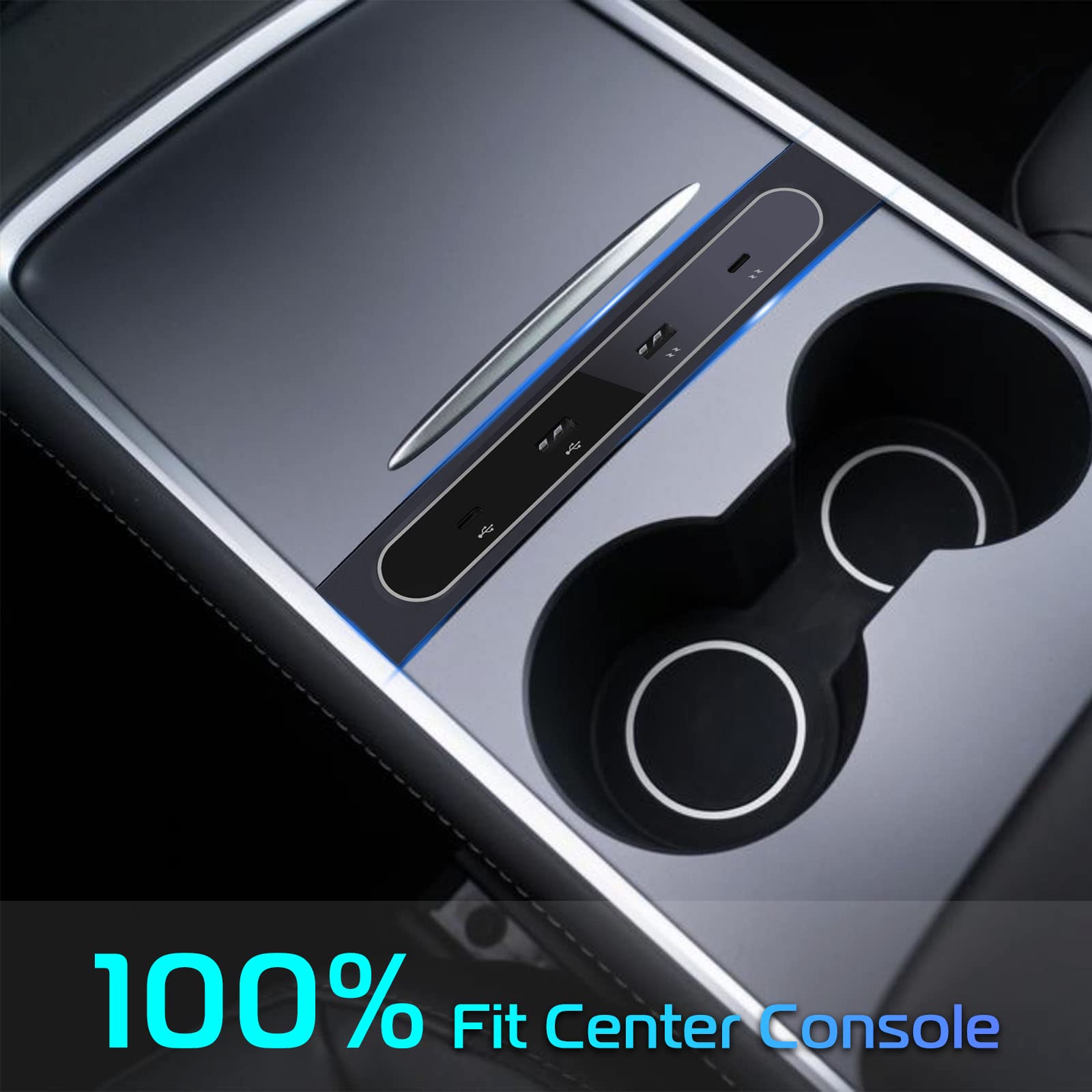 Tesla Model 3/Y USB Charger Hub - Multi Port Car Adapter with Blue LED | Perfect Fit for Center Console | Fast Phone Charging on Road Trips