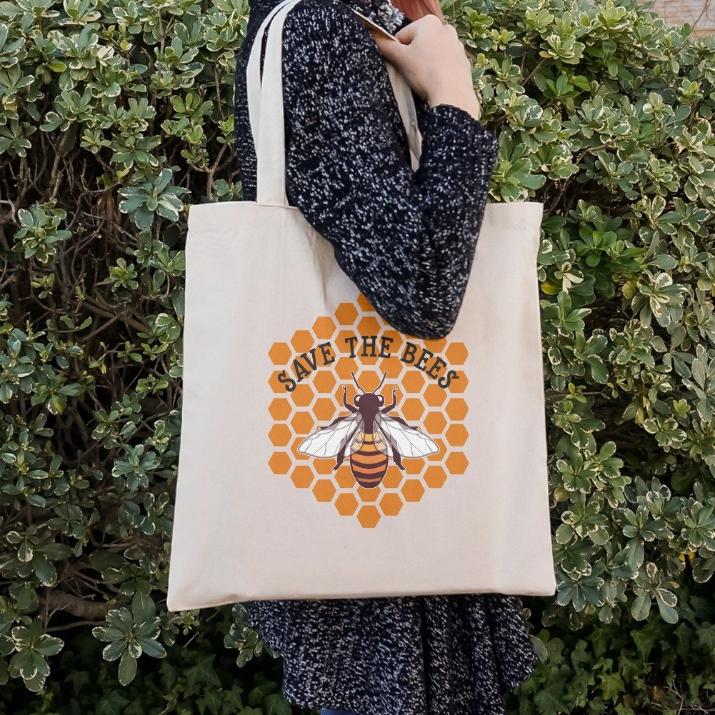 Eco-Friendly Save The Bees Honey Reusable Tote Bag - Small Grocery Shopping & Travel Bag for Farmers Market & Beach Trips