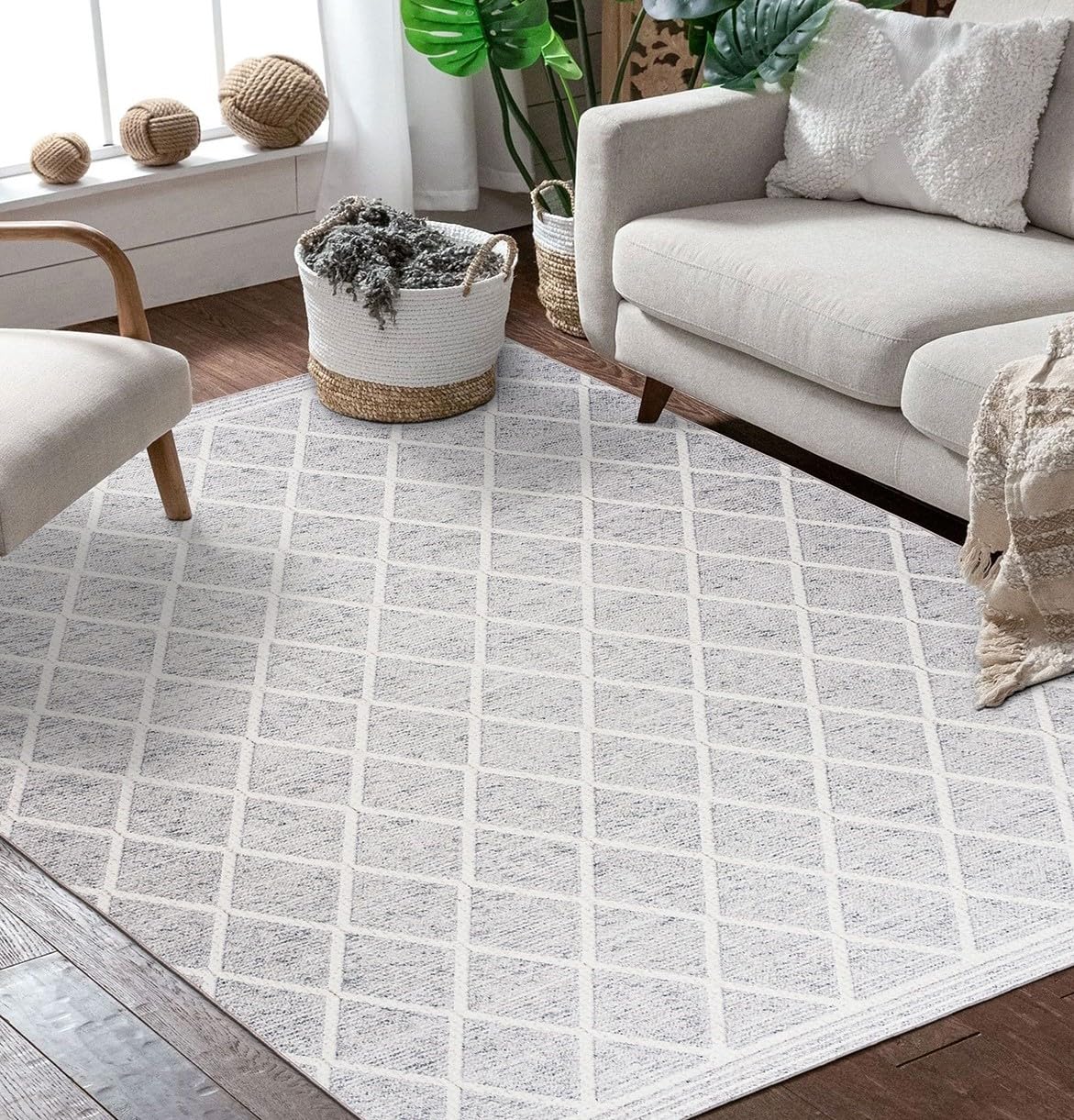 Machine Washable Area Rug 5' x 7' - Stain Resistant Low Pile Premium Rug for Living Room, Bedroom, Office - Boho Modern Farmhouse Design in Gray Ivory - Perfect for High Traffic Areas & Pet-Friendly Homes