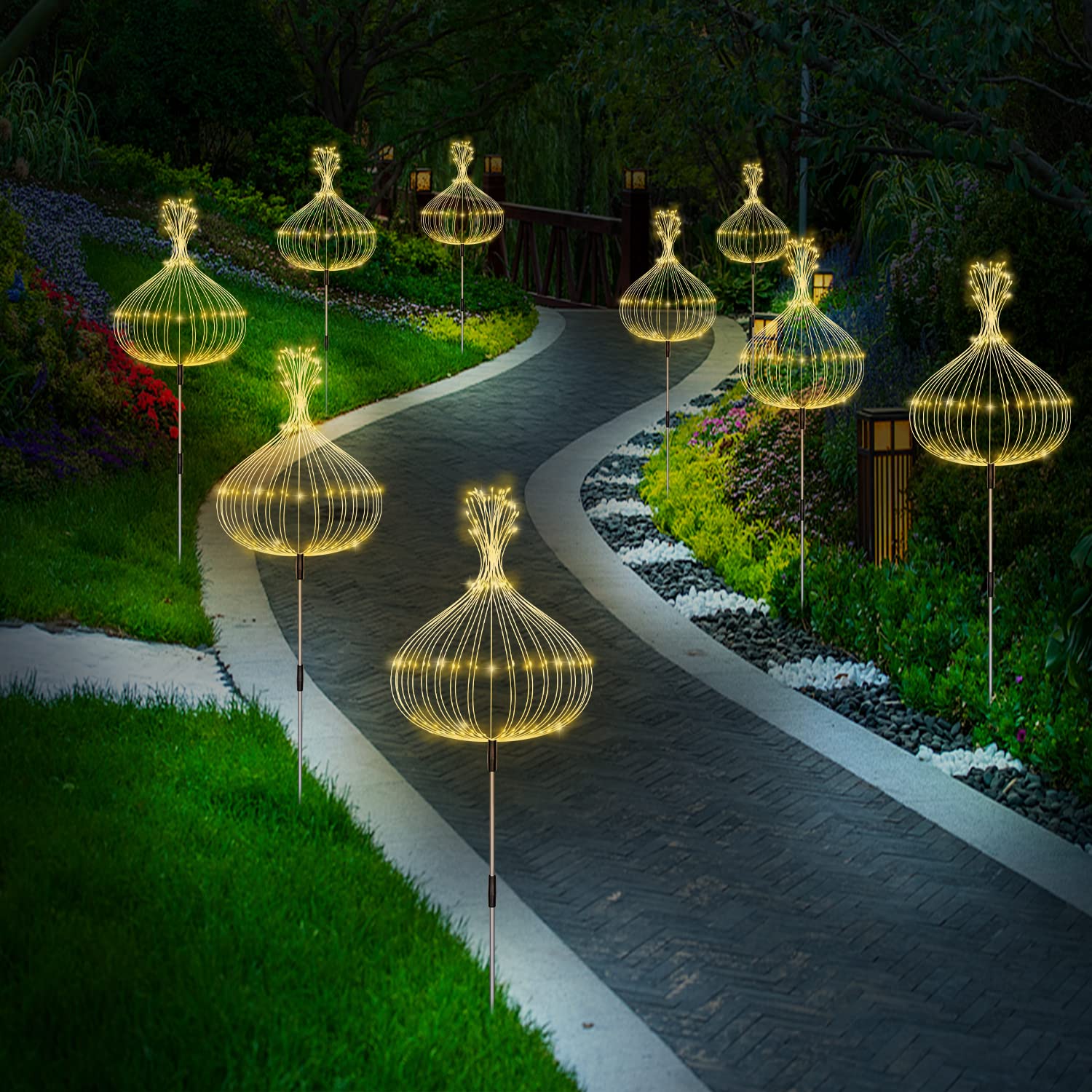 6 Pack Solar Garden Lights Outdoor - 120 LED Waterproof Firework Lights with Remote, 8 Lighting Modes for DIY Landscape Decor | Warm White Pathway & Backyard Lighting for Lawn, Garden, Patio, Walkway