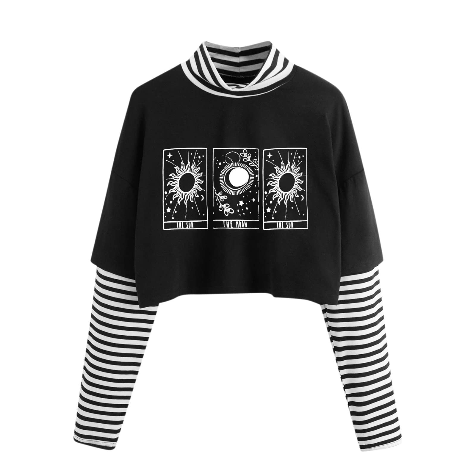 Women's Striped Patchwork Long Sleeve Crop Top - Printed Turtleneck Blouse for Spring & Fall | Soft Comfort Fit for Casual Wear, Layering & Street Style Fashion