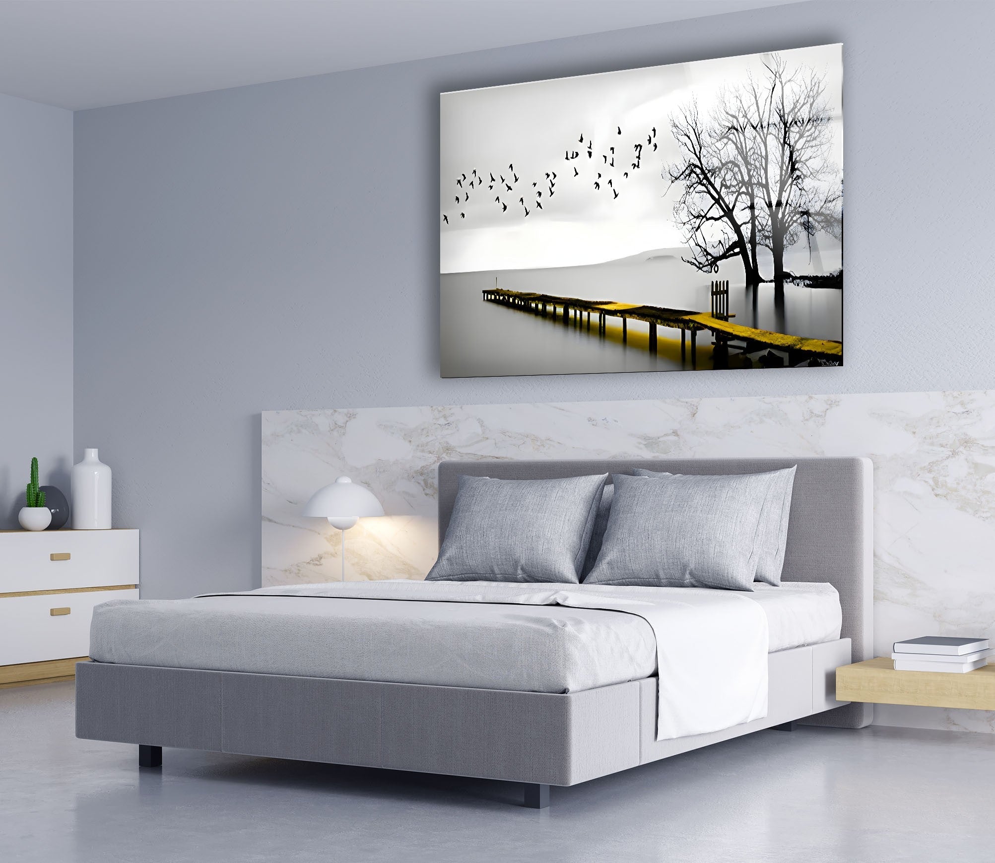 Black and White Dock & Birds Glass Wall Art - Elegant Coastal Decor for Living Room, Bedroom, or Office
