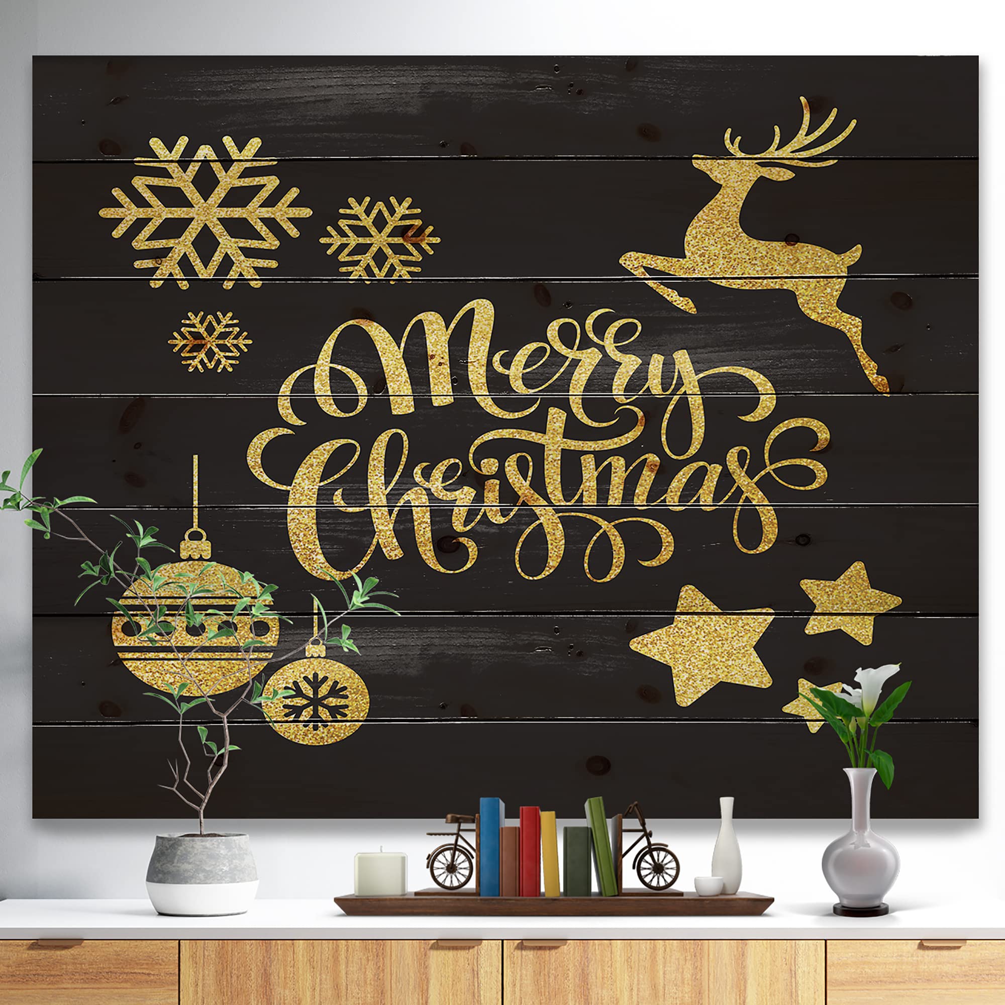 Handmade Merry Christmas Wood Wall Art with Reindeer, Stars & Ornaments - Traditional Pine Wood Decor for Holiday Home Decoration - Perfect for Living Room, Bedroom & Office Christmas Decor