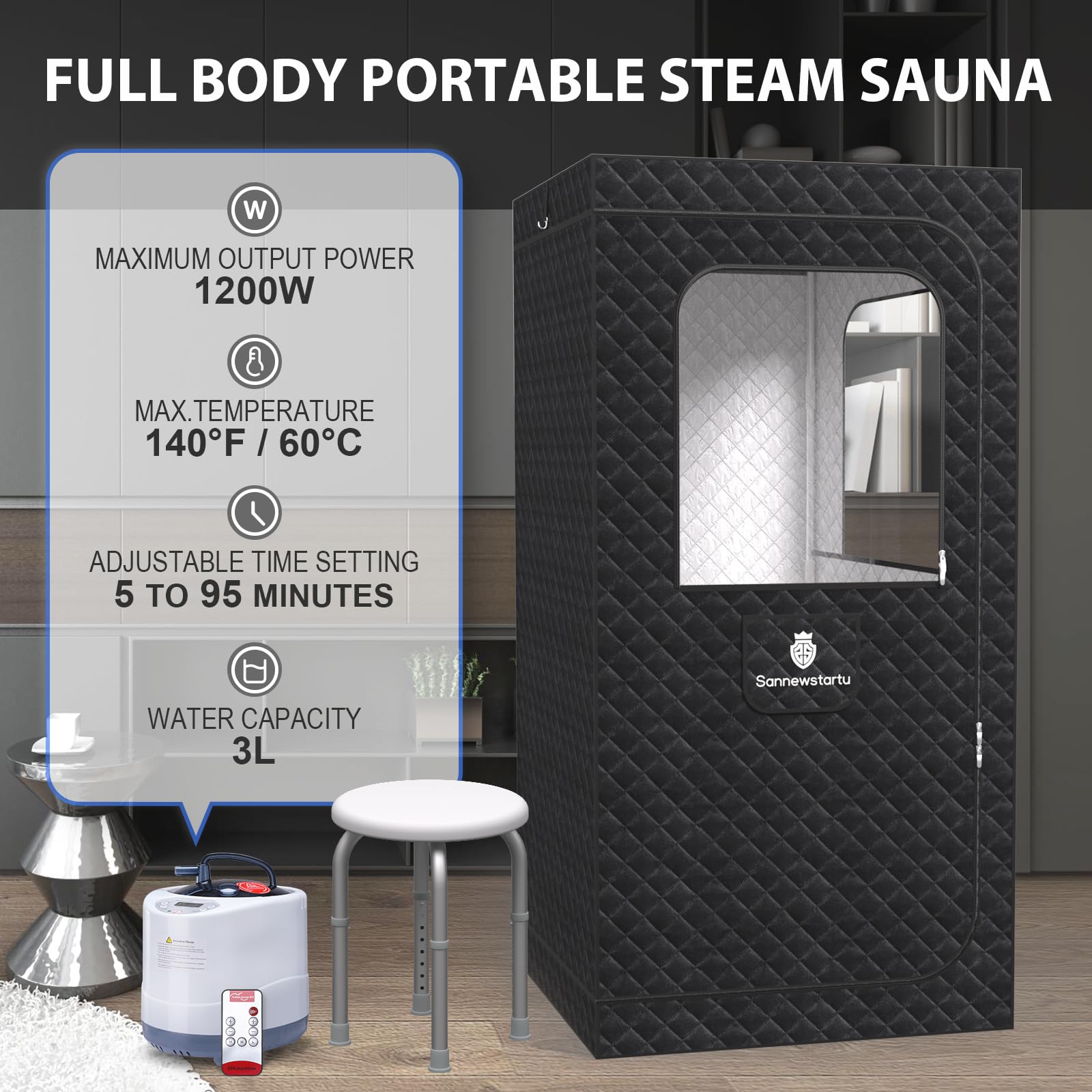 Portable Home Steam Sauna with Shower Chair - 3L 1200W FCC Certified Sauna Tent, 9-Level Remote Control Personal Spa (61.8