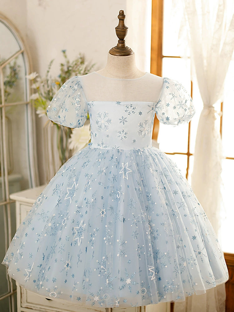 Dusty Blue Princess Square Tea Length Tulle Flower Girl Dress for Weddings & Special Occasions