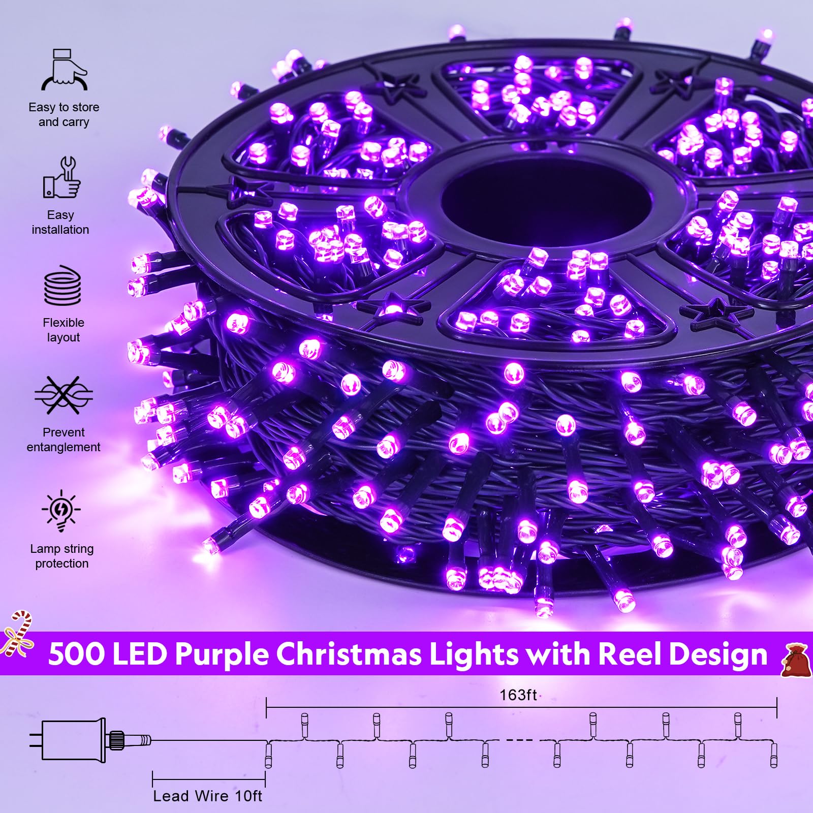 JMEXSUSS 500 LED Purple Christmas Lights - 173ft Waterproof Outdoor String Lights with 8 Lighting Modes | Green Wire Purple LED Lights for Christmas Tree, Indoor Party, House Decorations (Perfect for Holiday, Wedding, Garden & Patio Decor)