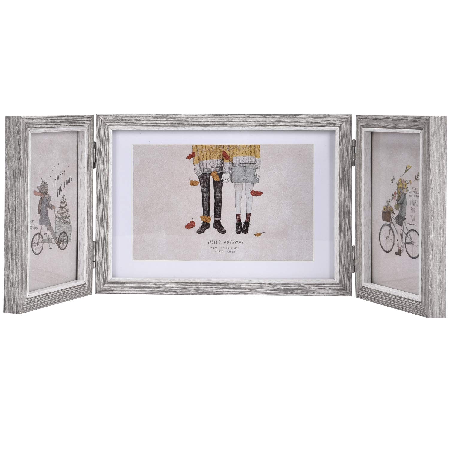 Rustic Triple Hinged Picture Frame - 4x6 & 5x7 Desktop Display for Home Decor