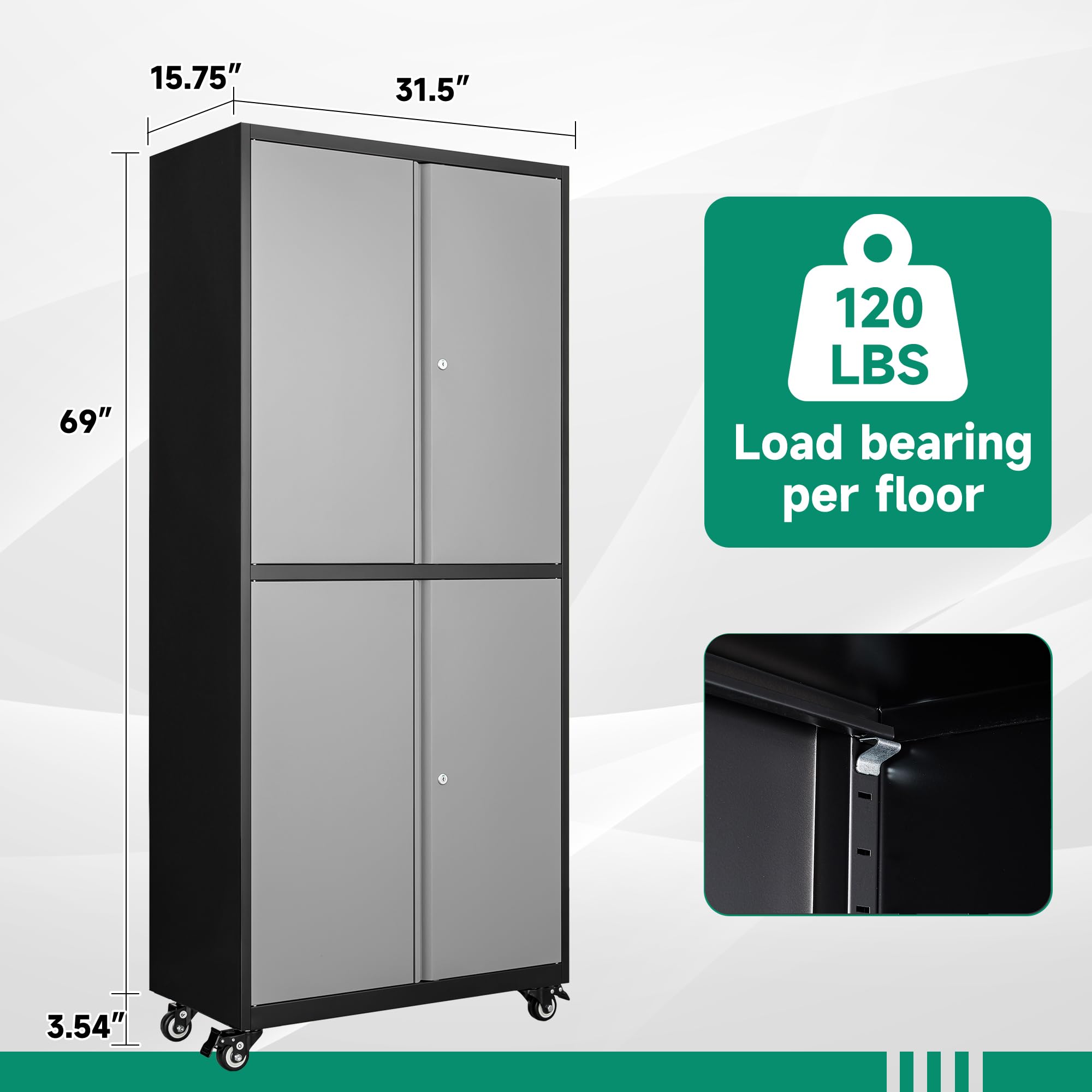 Letaya Heavy Duty Metal Garage Storage Cabinet with Wheels - Steel Tool Rolling Cabinet with Lockable Door & Adjustable Shelves for Home, Workshop, Garage Organization (1PC, Black Gray) - Perfect for Storing Tools, Gardening Supplies & Household Items