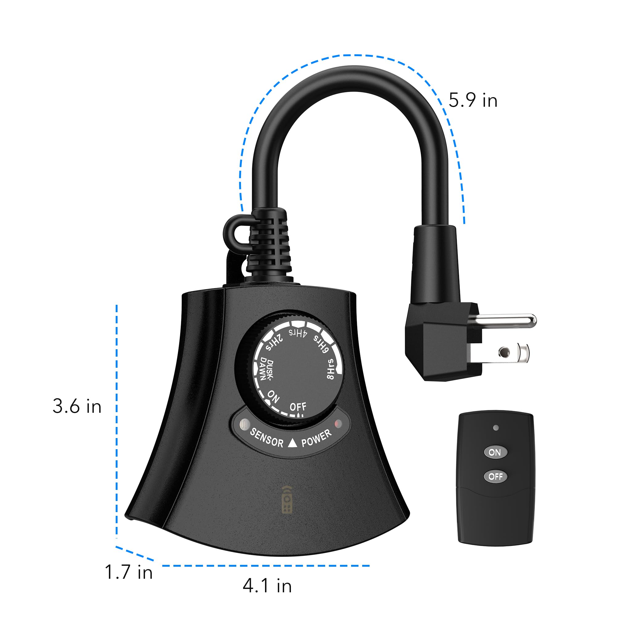HBN Outdoor Light Timer - Waterproof & Weatherproof Photocell Dusk to Dawn Sensor with Remote Control, 2/4/6/8 Hour Countdown Timer, 3 Grounded Outlets (1875W 15A 1/2HP) - Perfect for Christmas Lights, Landscape Lighting & Holiday Decorations