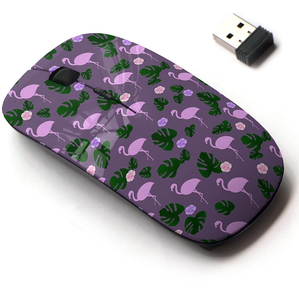 2.4G Wireless Mouse with Cute Tropical Leaves & Flamingo Design - Ergonomic Optical Mouse for Laptops, Desktops, PC, Mac - Includes Nano USB Receiver - Perfect for Office, Home, Gaming & Travel Use