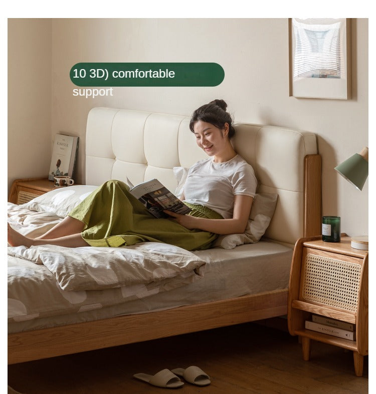Solid Oak Wood Nordic Soft Back Bed - Modern Minimalist Design for Bedroom & Guest Room