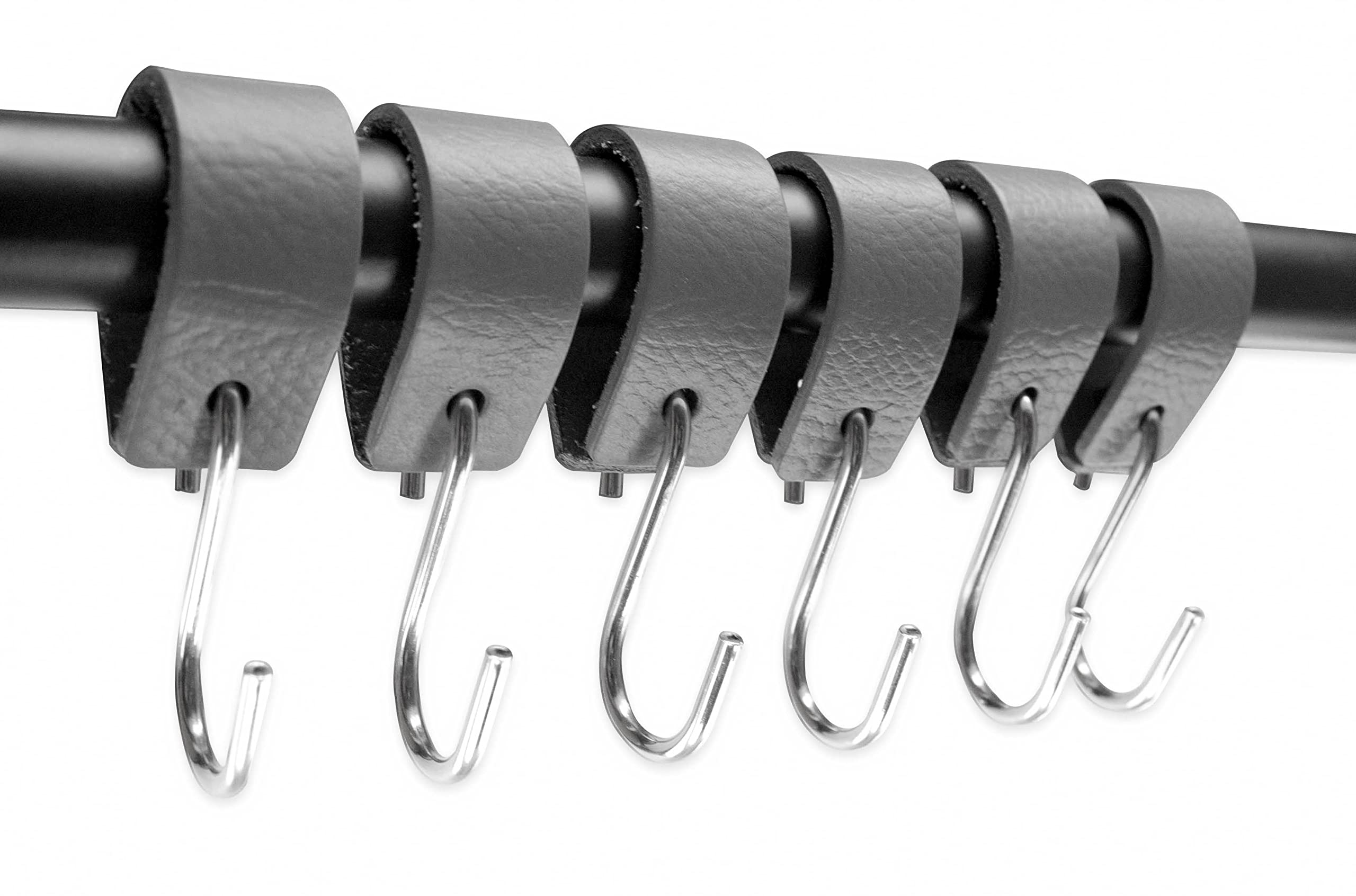 Brute Strength Multifunctional Leather S-Hooks - 12 Pack, Gray & Black - Heavy Duty Coat Hooks, Kitchen Hooks & Organizers for Home, Garage, RV & Outdoor Use