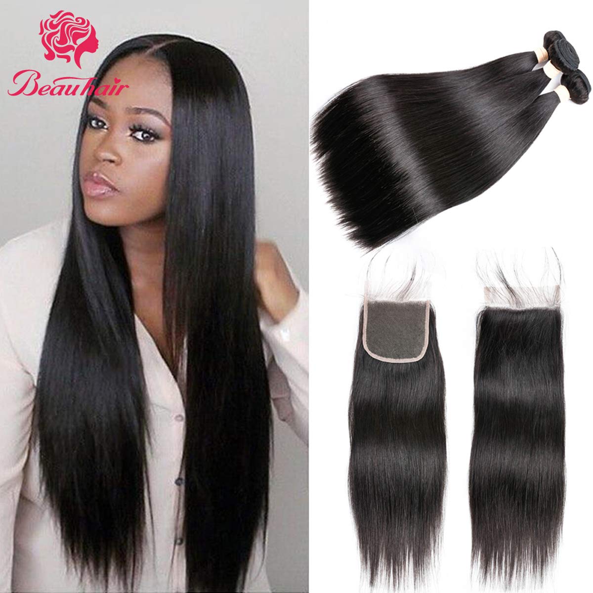 100% Brazilian Straight Virgin Human Hair Bundles with Lace Closure (22
