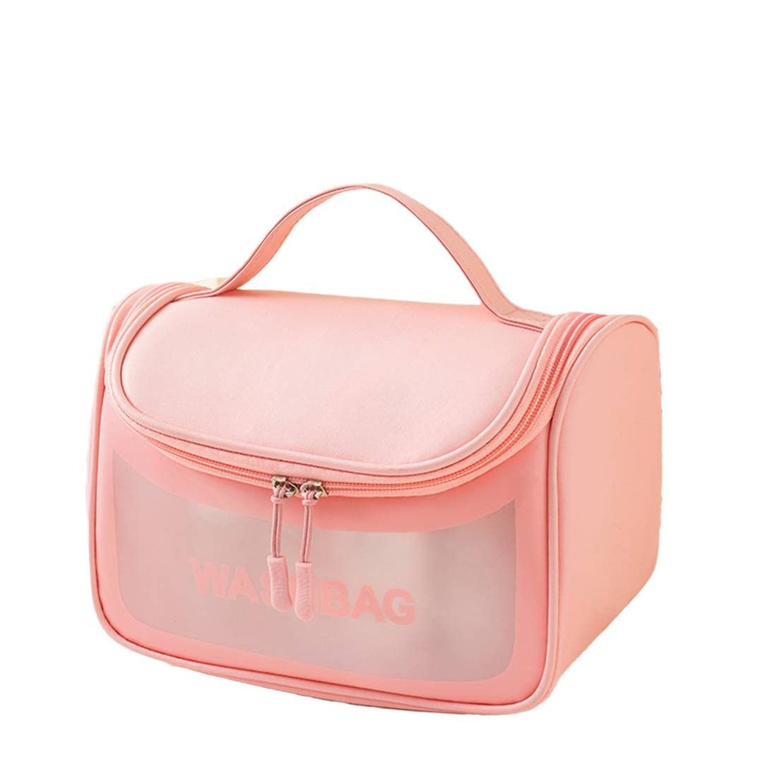 Large Waterproof Travel Makeup Bag with Handle & Hook - Clear Cosmetic Organizer for Toiletries, Brushes, Skincare (Pink) | Perfect for Vacation, Gym, Business Trips & Daily Use