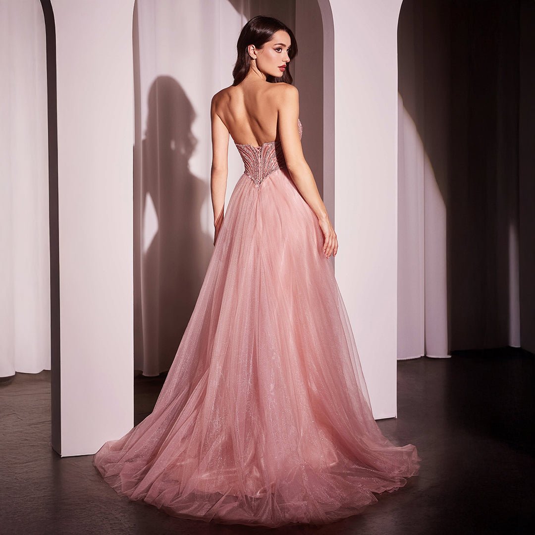 Cinderella Divine Blush Beaded Strapless Tulle Prom Dress - Elegant Formal Gown for Homecoming, Quinceañera & Evening Events