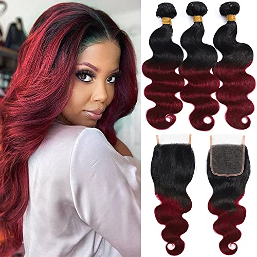 Kapelli Hair 10A Ombre Brazilian Human Hair Bundles with Closure (14 16 18+12 Inch) - 3 Pack Body Wave Weave in 2-Tone Black to Burgundy | Perfect for Extensions, Weaving, and Styling for Daily Wear or Special Occasions