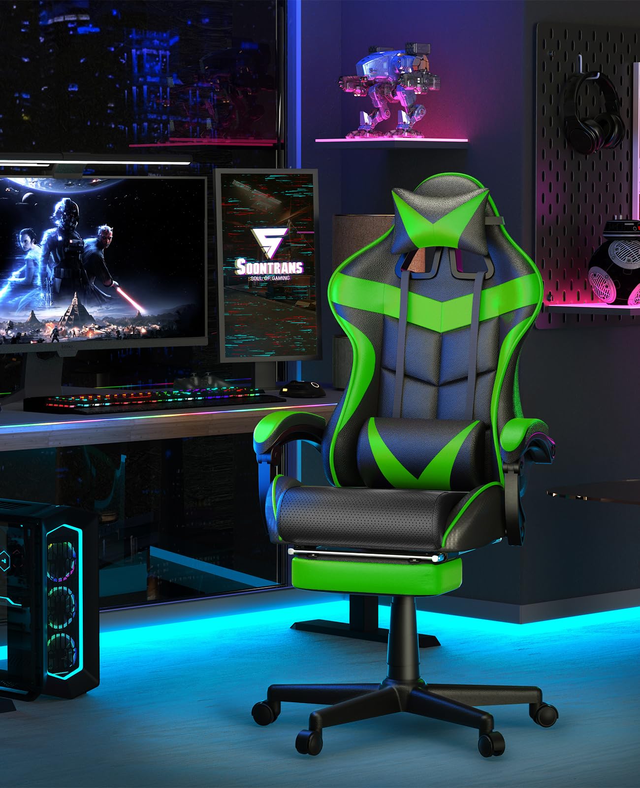 Soontrans Ergonomic Gaming Chair with Adjustable Headrest & Lumbar Support - Racing Style Computer Gamer Chair with Footrest (Jungle Green) - Perfect for Esports, Streaming & Home Office Setup