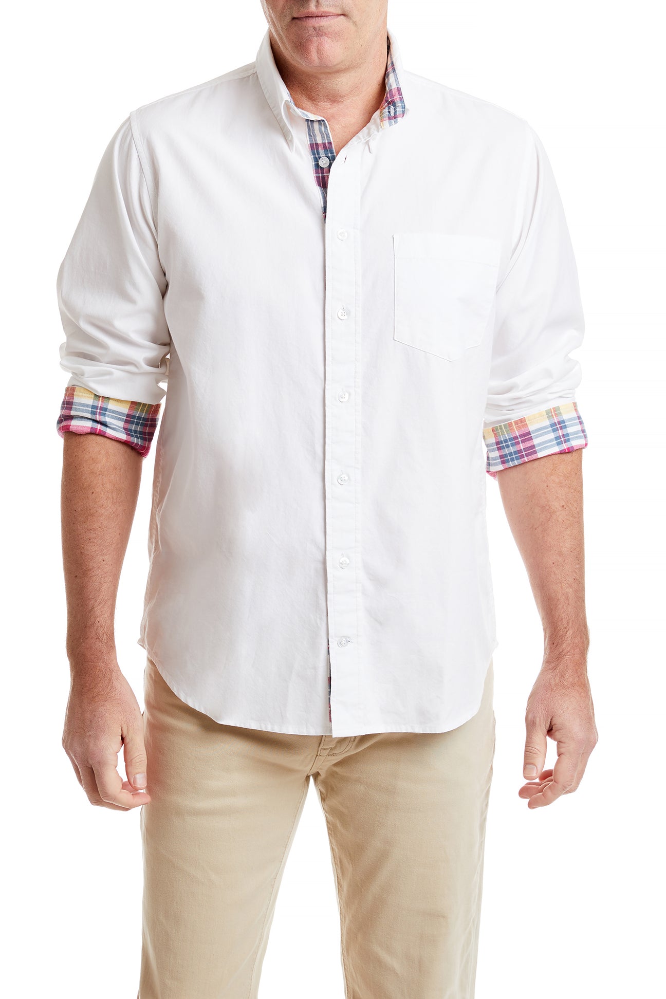 Chase White Oxford Shirt with Lighthouse Madras Trim - Classic Casual Wear for Men, Perfect for Office, Date Night & Summer Outfits