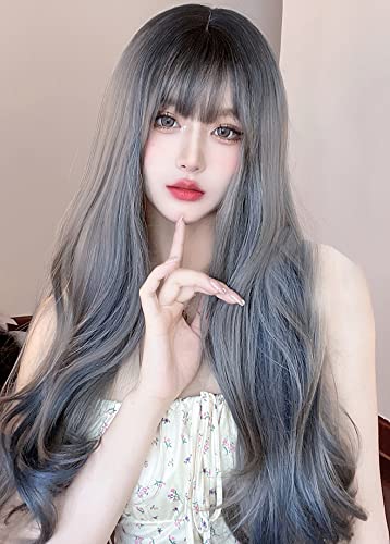 Gray Blue Gradient Long Curly Synthetic Lolita Wig with Bangs | Japanese Cosplay & Party Costume | Natural Looking Women's Wig for Anime Conventions & Themed Events