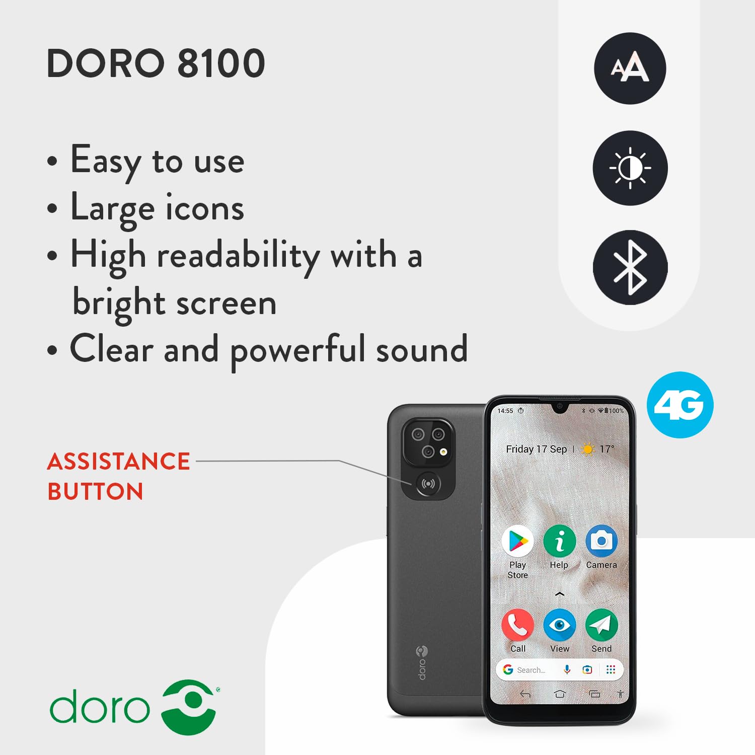 Doro 8100 4G Unlocked Senior Smartphone - Easy-to-Use Mobile Phone with 13MP Triple Camera | Waterproof Android Device | 6.1