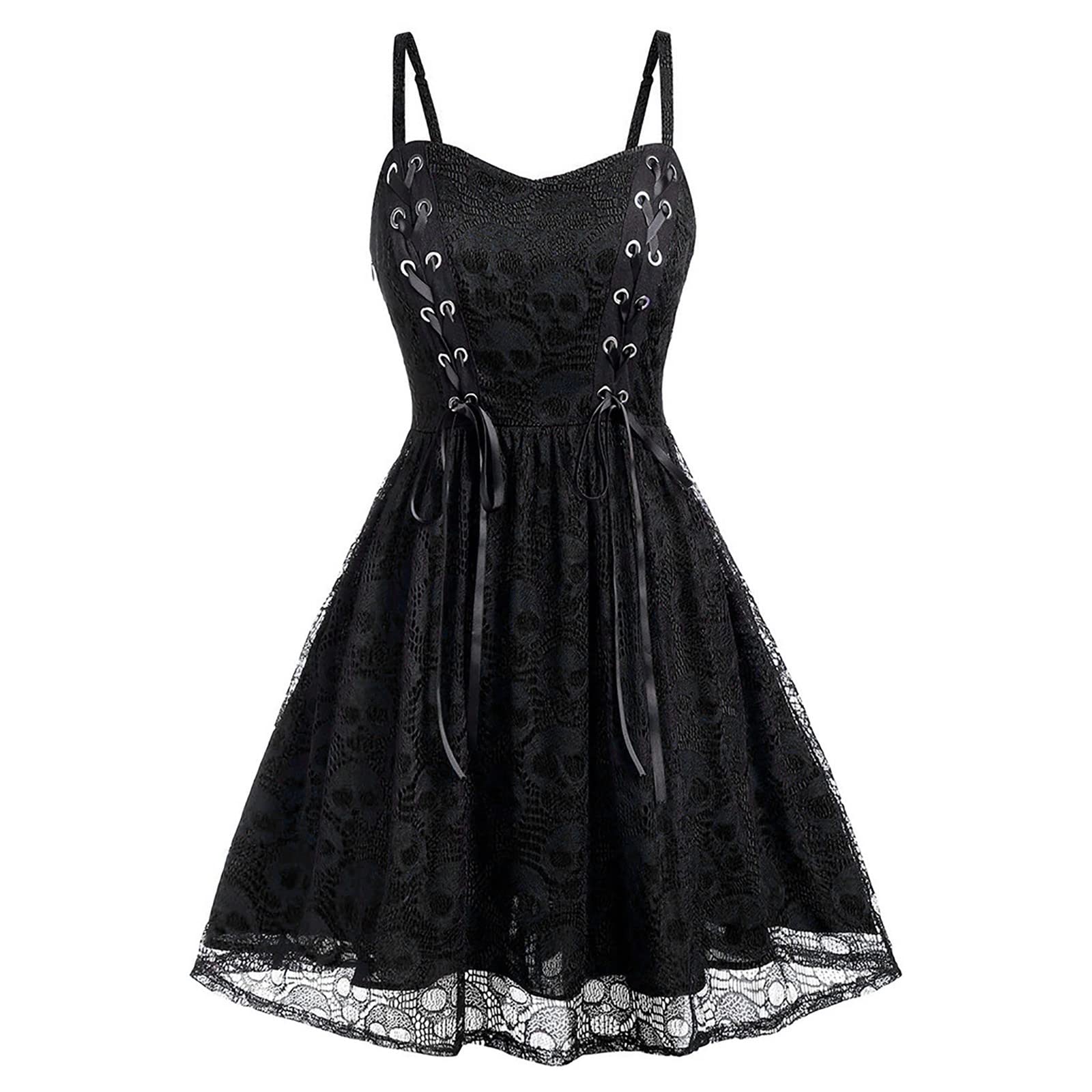 Gothic Steampunk Skeleton Lace Short Dress for Women - Spaghetti Strap Summer Gothic Punk Clothing | Perfect for Halloween Costume, Cosplay, and Alternative Fashion Outfits