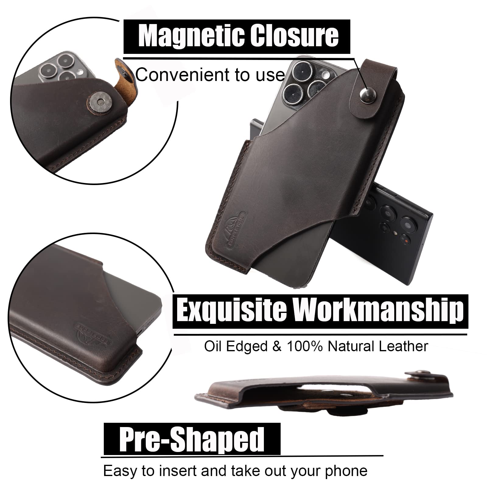 Premium Leather Phone Holster with Belt Clip - Magnetic Closure iPhone/Samsung Case (Dark Brown, Medium) | Durable Belt Pouch for Work, Travel & Outdoor Activities