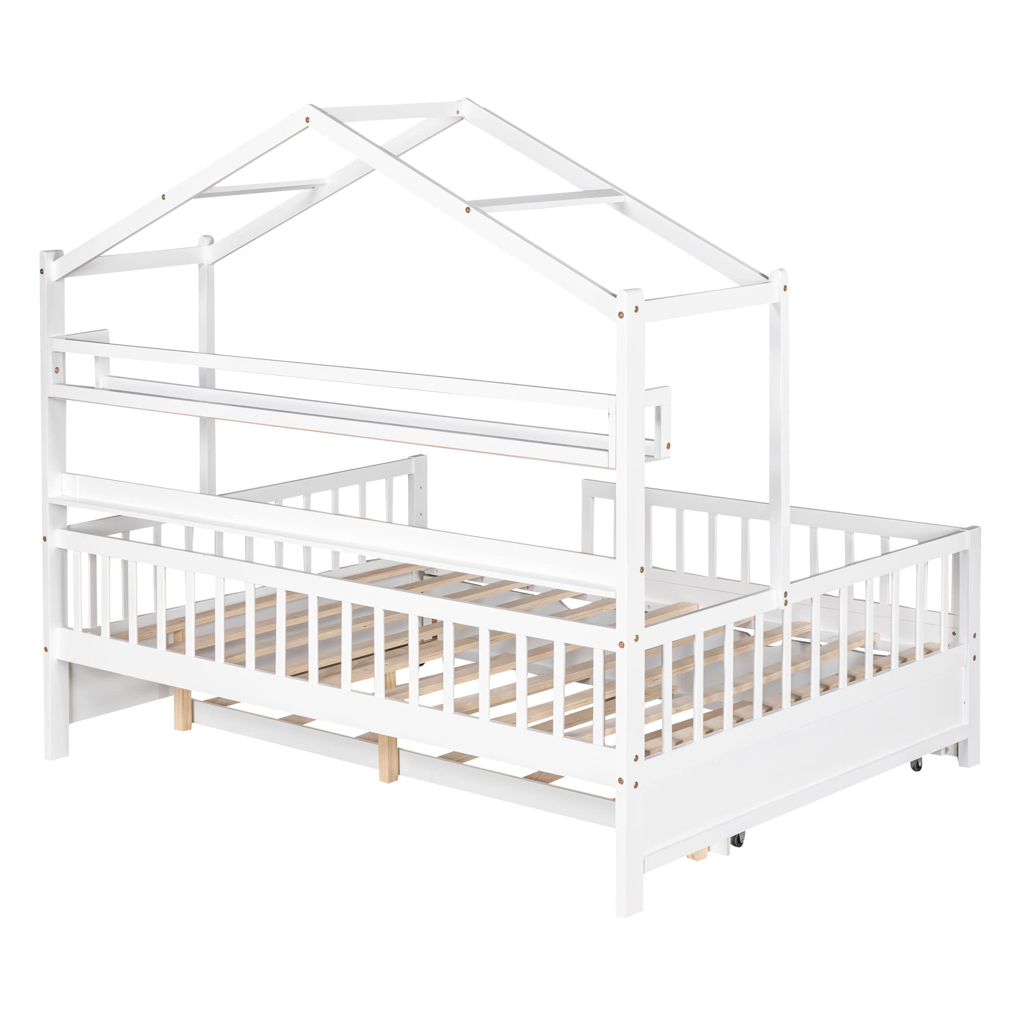 Bellemave Full Size Wooden House Bed with Trundle & Storage - Montessori Kids Bed with Safety Rails, Playhouse Tent Frame for Boys & Girls (White) - Perfect for Bedrooms, Playrooms & Montessori Learning Spaces