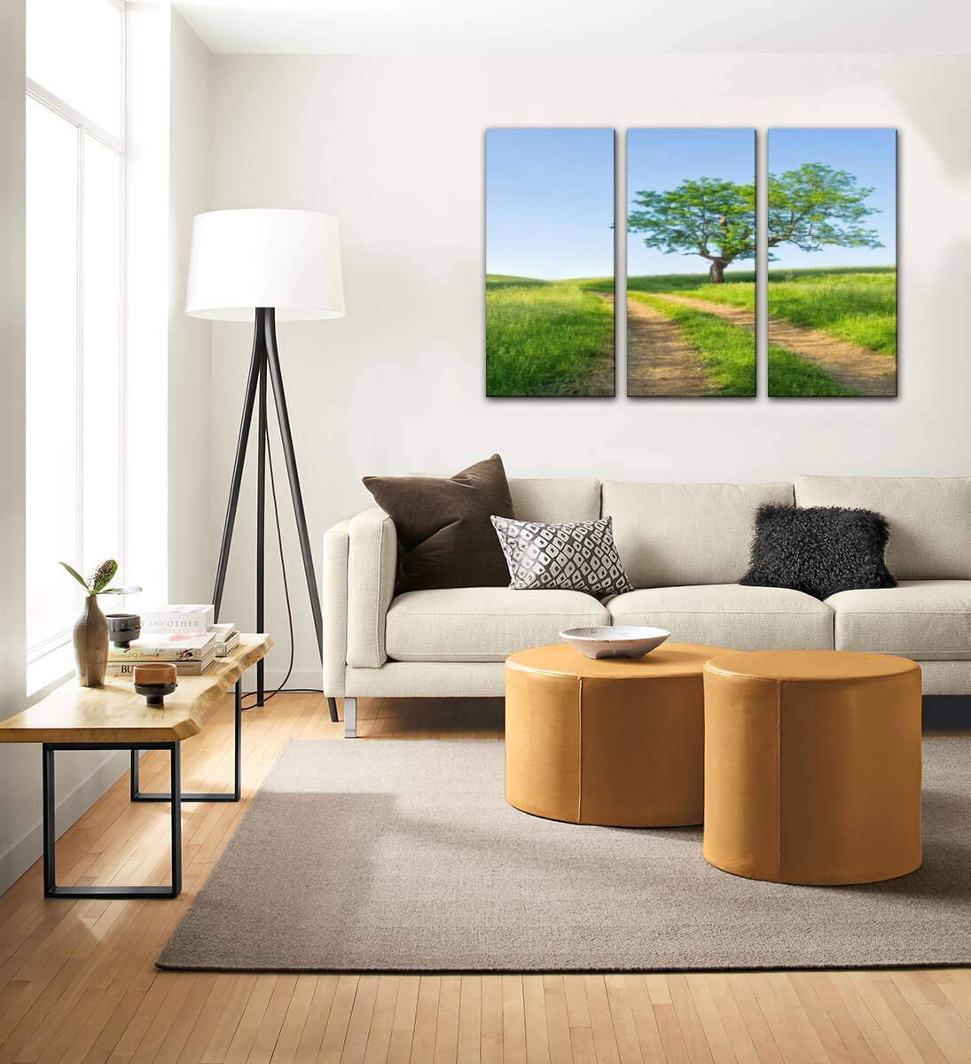 Blaverr Idyllic Farm Scene Country Road Single Tree Canvas Wall Art - 3 Panel Paintings for Living Room Bedroom Decor - Farmhouse Landscape Poster for Home Office Nursery Wall Decoration