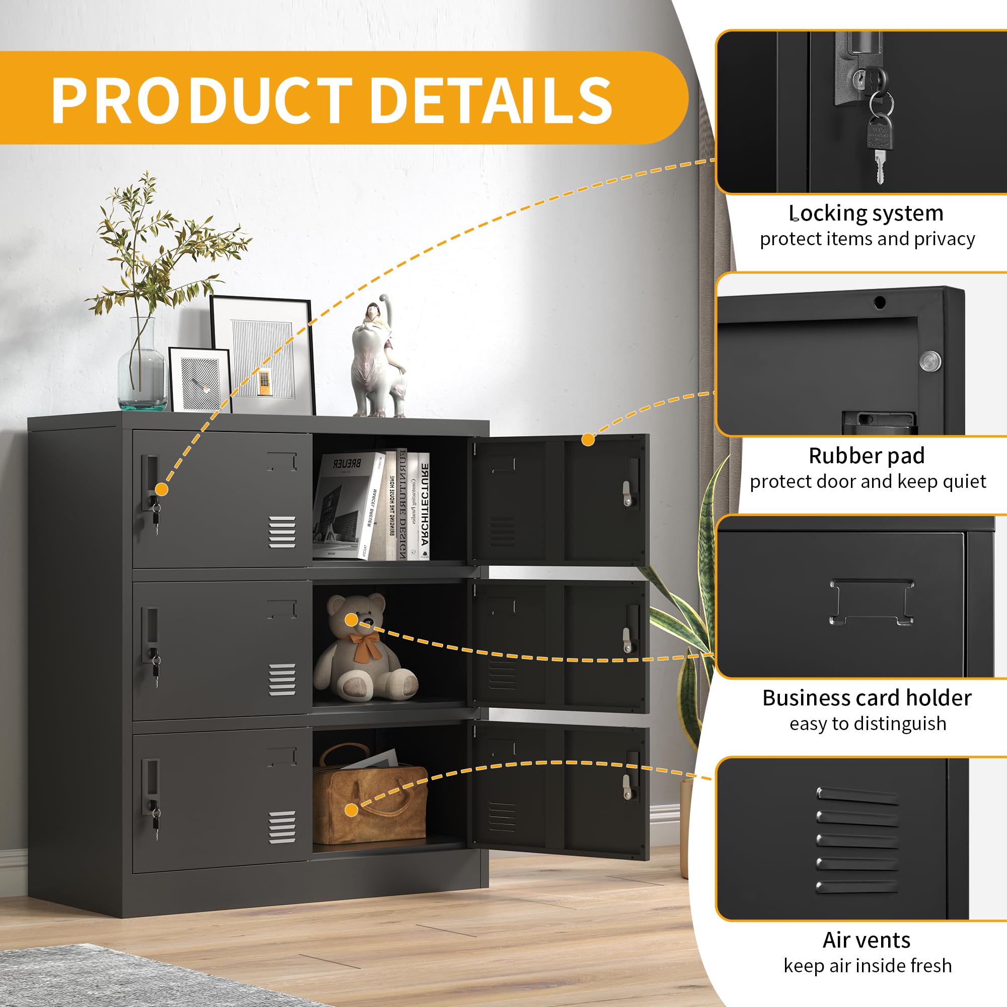 6-Door Employee Storage Locker - Heavy Duty Metal Office & Gym Lockers with Card Slot - Perfect for Home, School & Workplace Organization (Black)