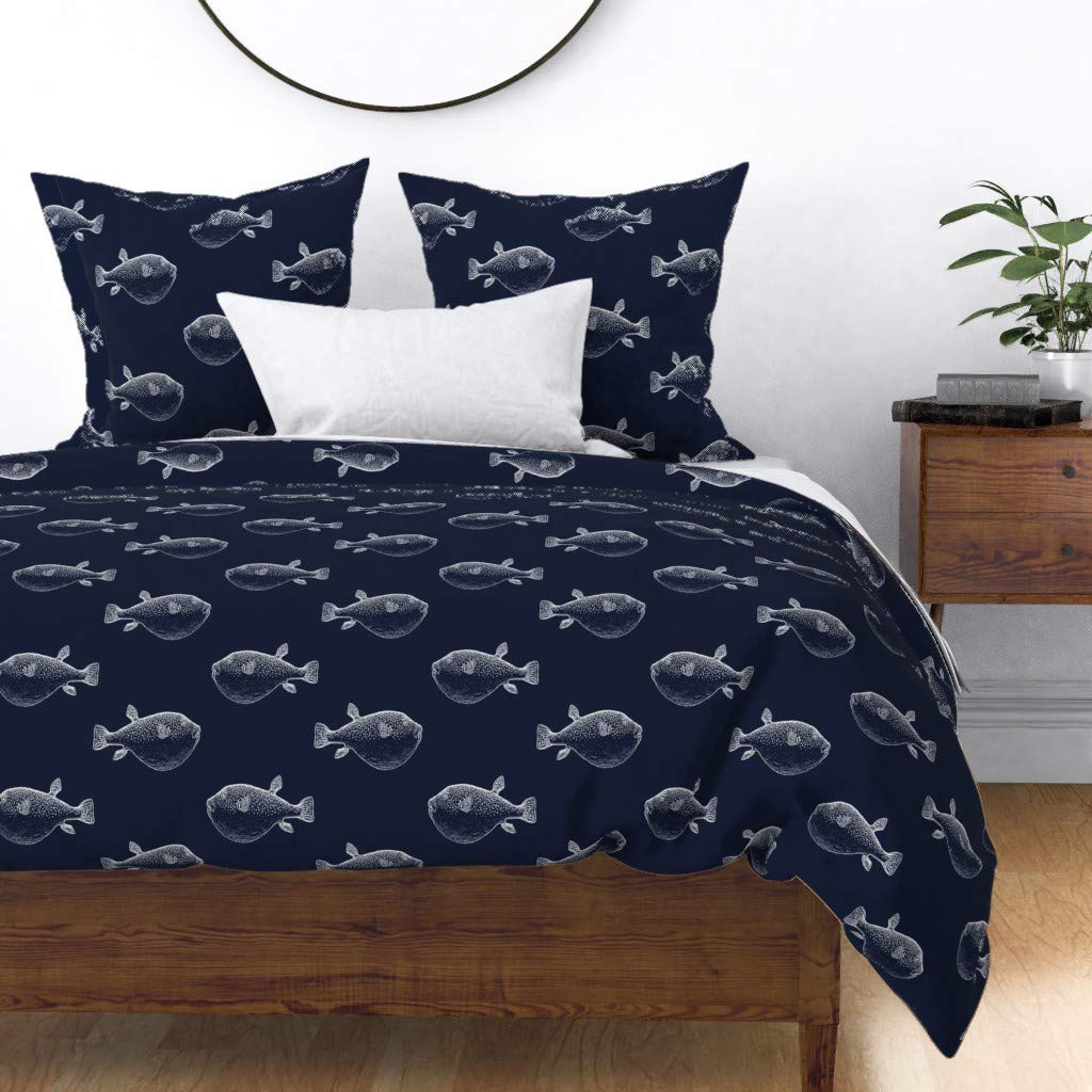 Premium Cotton Sateen Duvet Cover Full/Queen Size - White Blowfish Pufferfish Navy Blue Ocean Theme for Boys Nursery, Beach House Bedroom Decor | Soft Custom Bedding for Kids & Coastal Home Styling