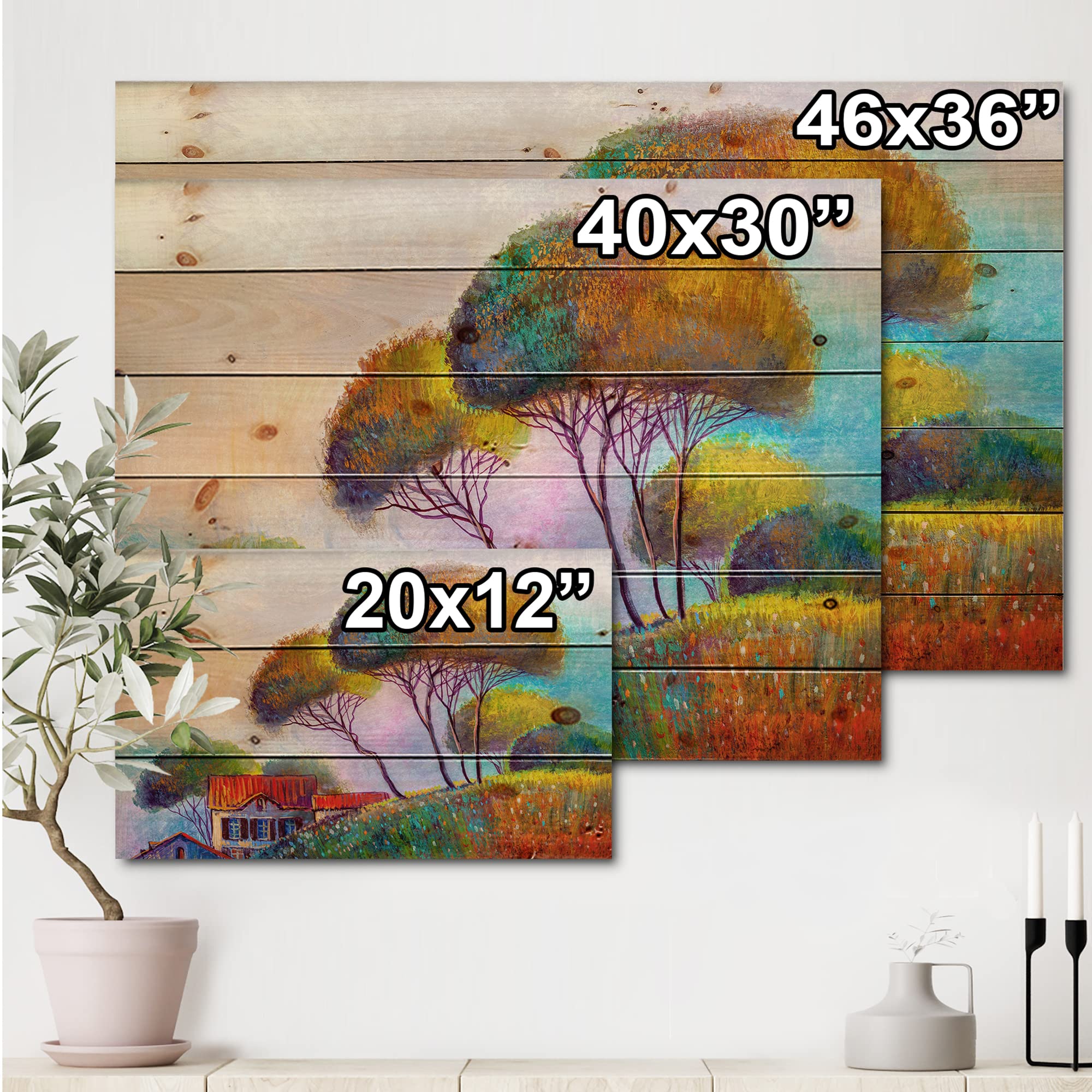 DesignQ Modern Country House Wood Wall Art - Orange Landscape Print on Natural Pine Wood, Large Contemporary Wood Wall Decor for Living Room, Bedroom & Office