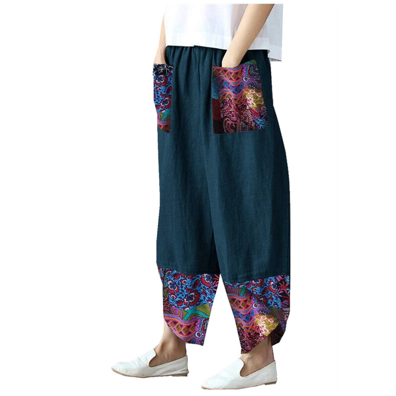 Sunnyadrain Women's Casual Linen Pants - Wide Leg, Loose Fit, Irregular Print Patchwork Design | Comfortable Cotton Pants for Everyday Wear, Summer Outfits & Boho Style