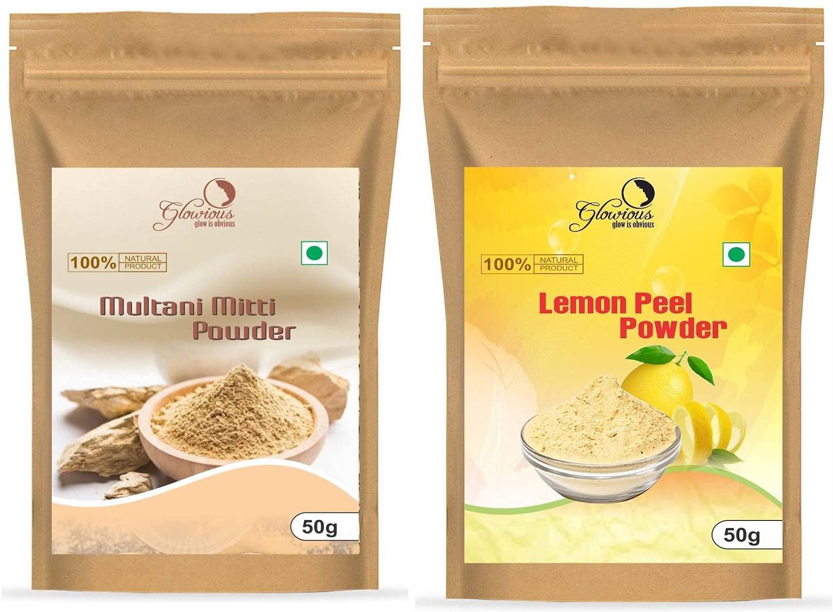 Glowious Combo Pack of 2 - Pure & Natural Multani Mitti (Fuller's Earth) Powder & Lemon Peel Powder for Face & Skin Care, 100g (50g x 2) | Brightening, Exfoliating & Oil Control | DIY Face Masks & Natural Beauty Treatments