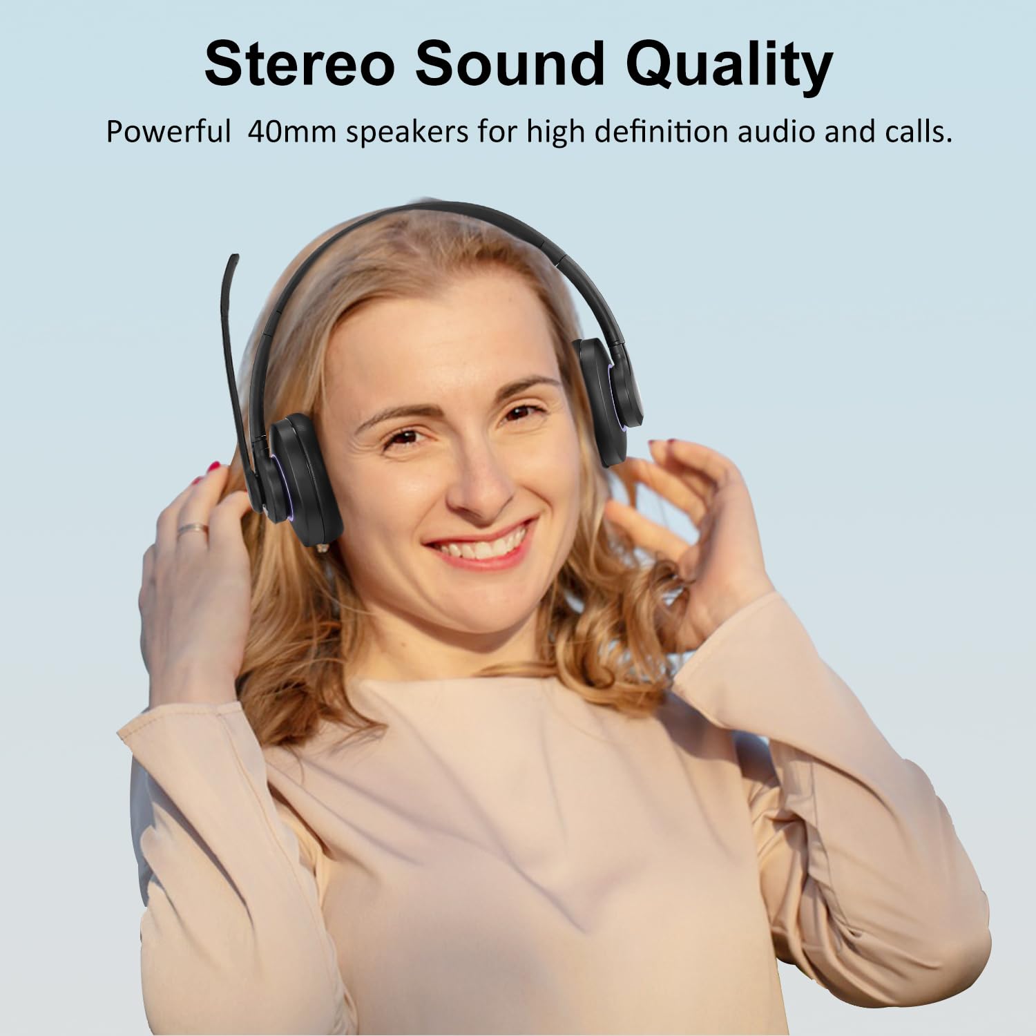 Noise Cancelling Bluetooth Headset with Mic Mute - 30+ Hours Talk Time, V5.1 Wireless Headphones for Work, Calls & Meetings | Compatible with Teams, Zoom, Cell Phone, Laptop | Perfect for Home Office, Call Center & Remote Work