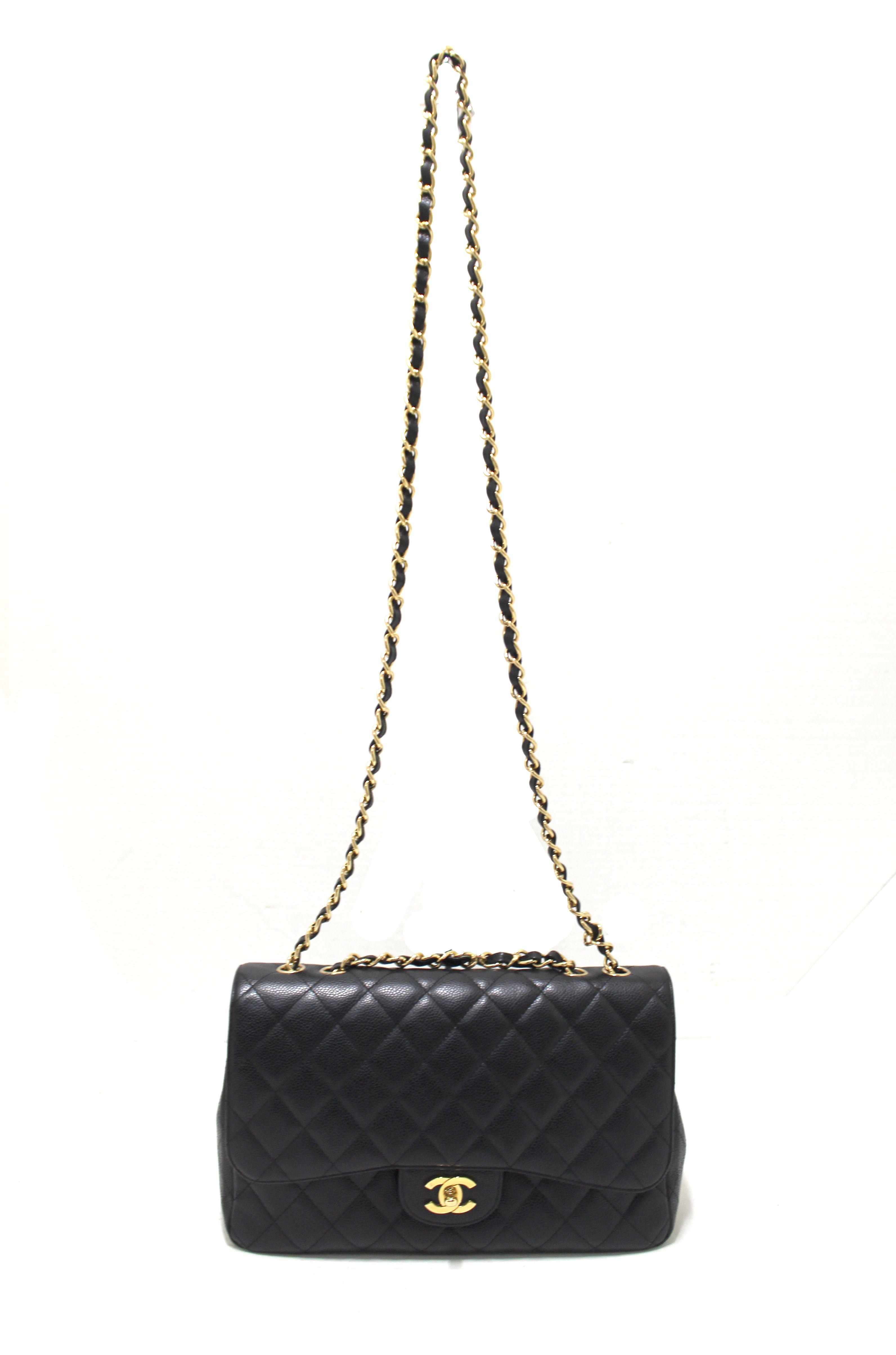 Authentic Chanel Black Quilted Caviar Leather Classic Jumbo Single Flap Bag - Luxury Designer Handbag for Women, Perfect for Evening Events, Parties & Special Occasions