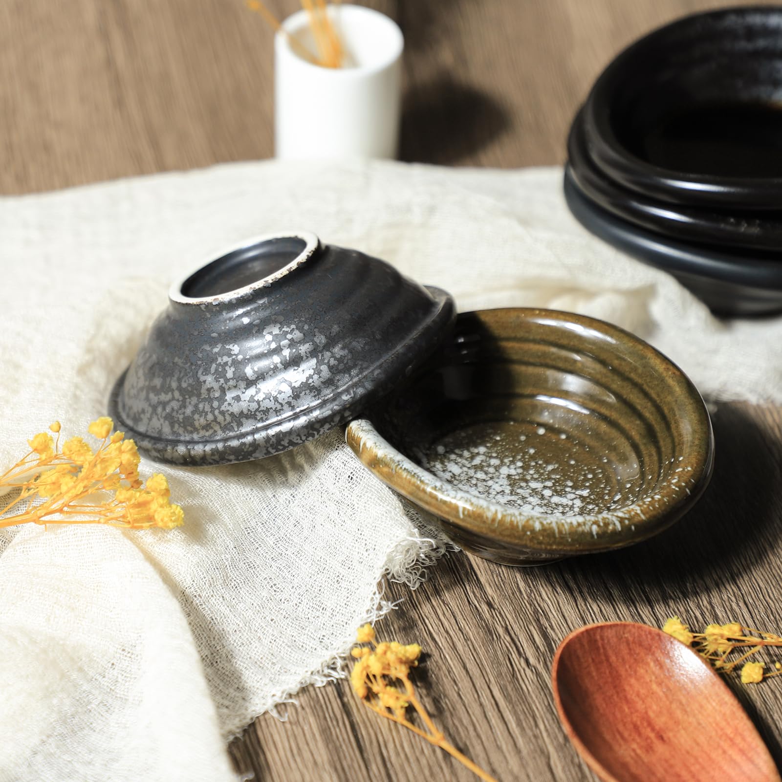 Vintage Japanese Ceramic Side Dishes Set of 5 - 3.5 Inch Retro Black Dipping Bowls for Soy Sauce, Seasonings & Condiments - Perfect for Sushi, Ramen, Dumplings & Asian Dining Experience