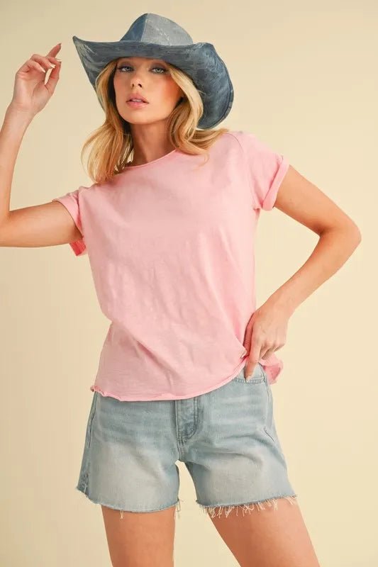 Aemi + Co Women's Lettuce Edge Round Neck Short Sleeve T-Shirt - Soft Casual Tee for Everyday Wear, Lounge & Summer Outfits