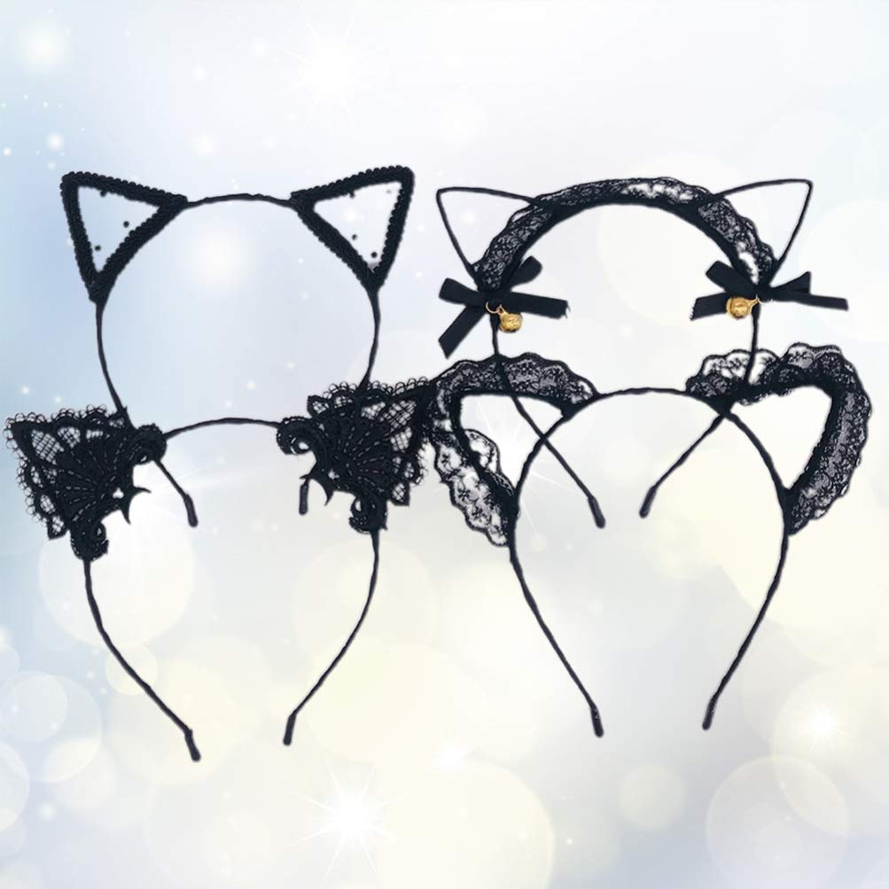 4pcs Lace Cat Ear Headbands for Women & Girls - Cute Halloween Cosplay Costume Accessories, Cat Ear Hair Hoops for Parties, Dress Up & Photo Props