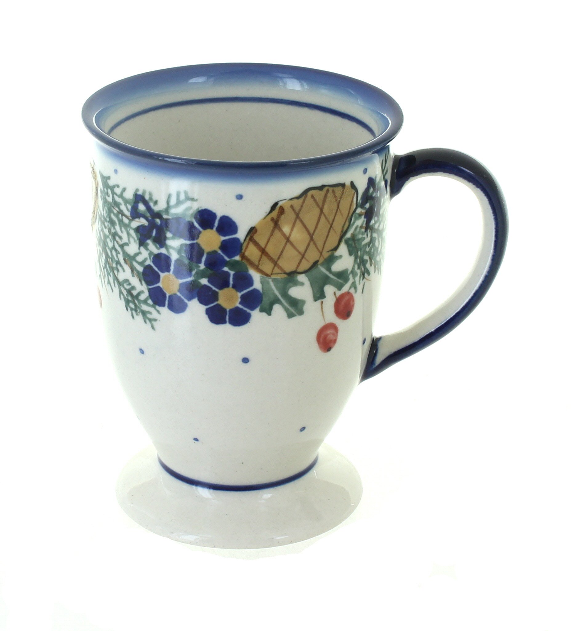 Handmade Blue Rose Polish Pottery Pinecone Pedestal Mug - Traditional Ceramic Coffee Cup for Tea & Hot Drinks - Perfect for Home Decor, Gift Giving & Cozy Coffee Breaks