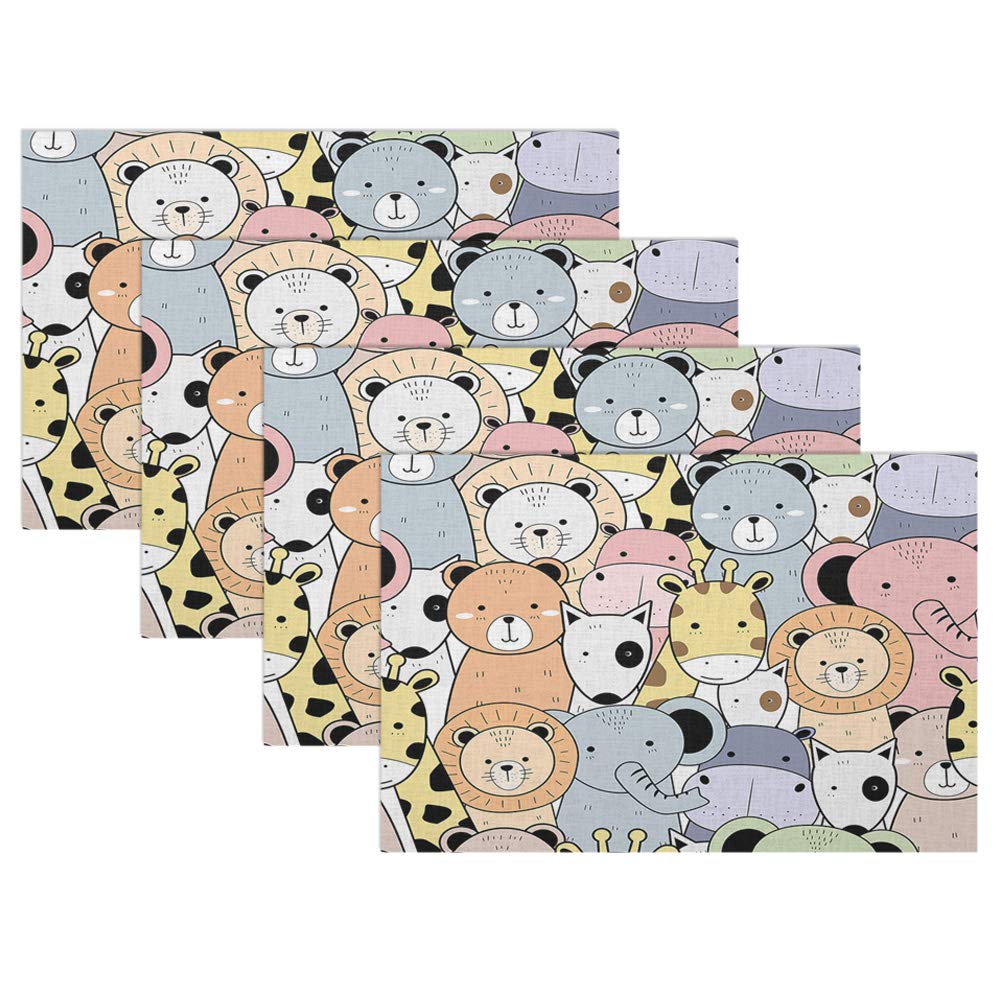 Swono 4-Pack Cute Animal Placemats - Cartoon Doodle Lion, Elephant & Giraffe Design - 12