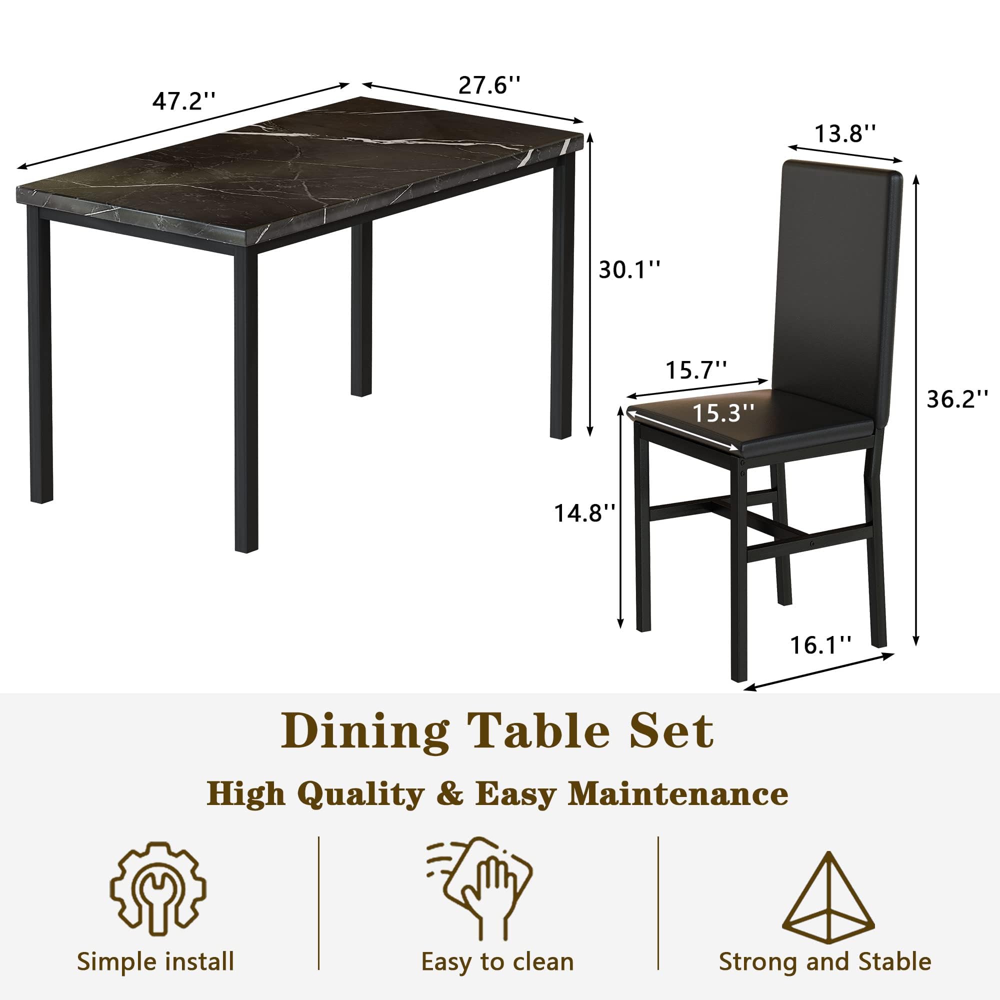 Modern 5-Piece Dining Table Set for 4 - Faux Marble Table & 4 PU Leather Chairs - Space-Saving Kitchen/Dining Room Set for Small Spaces, Apartments, Dinettes - Perfect for Family Meals, Dinner Parties & Compact Living (Black)