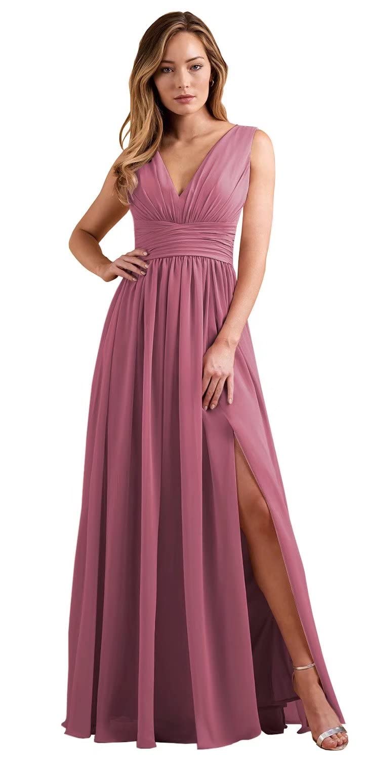 TORYEMY Women's Elegant Chiffon Bridesmaid Dress with Double V-Neck & High Slit - Perfect for Weddings, Prom, Formal Events & Evening Parties