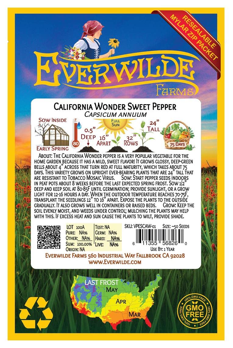 Everwilde Farms - 50 California Wonder Sweet Pepper Seeds - Gold Vault Jumbo Seed Packet for Home Gardening & Organic Vegetable Planting